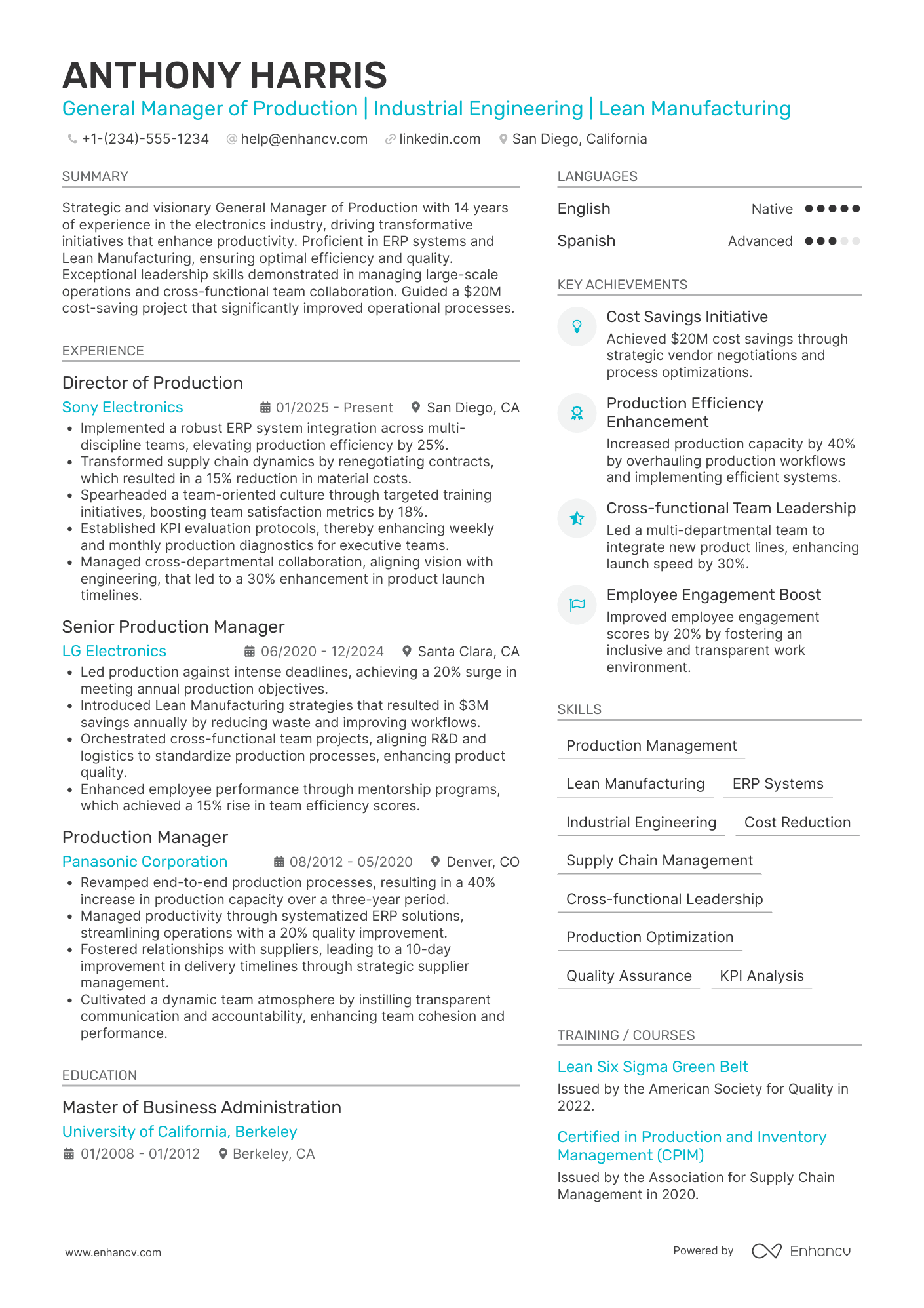 A resume example of a General Manager of Production