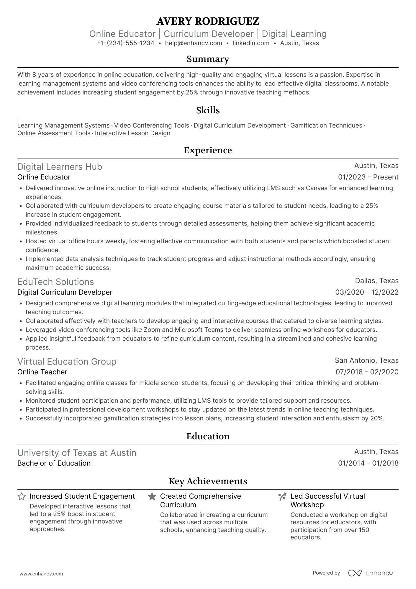 A resume example of a Mid Level Online Teacher