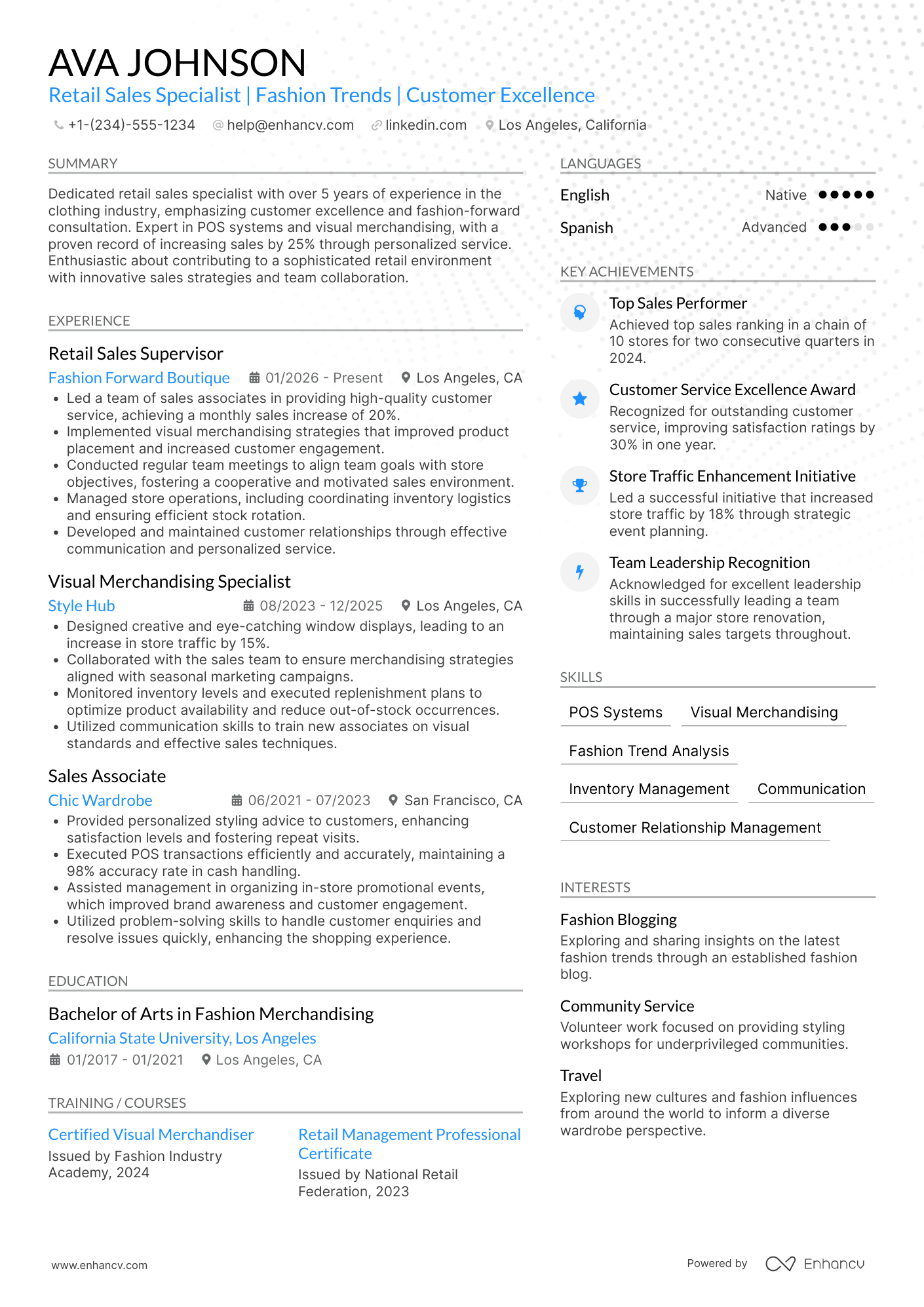 A resume example of a Clothing Store