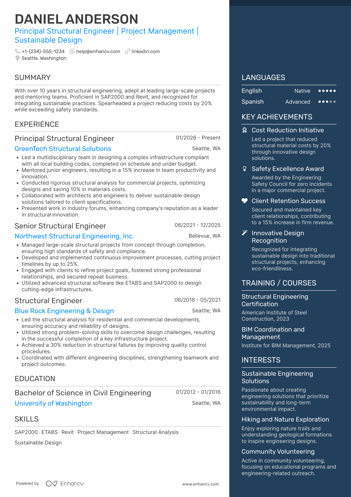 A resume example of a Principal Structural Engineer