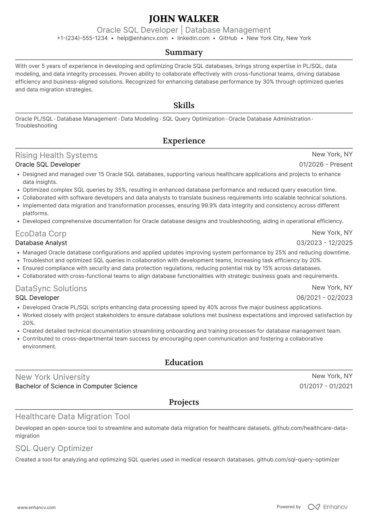 A resume example of a Oracle SQL Developer