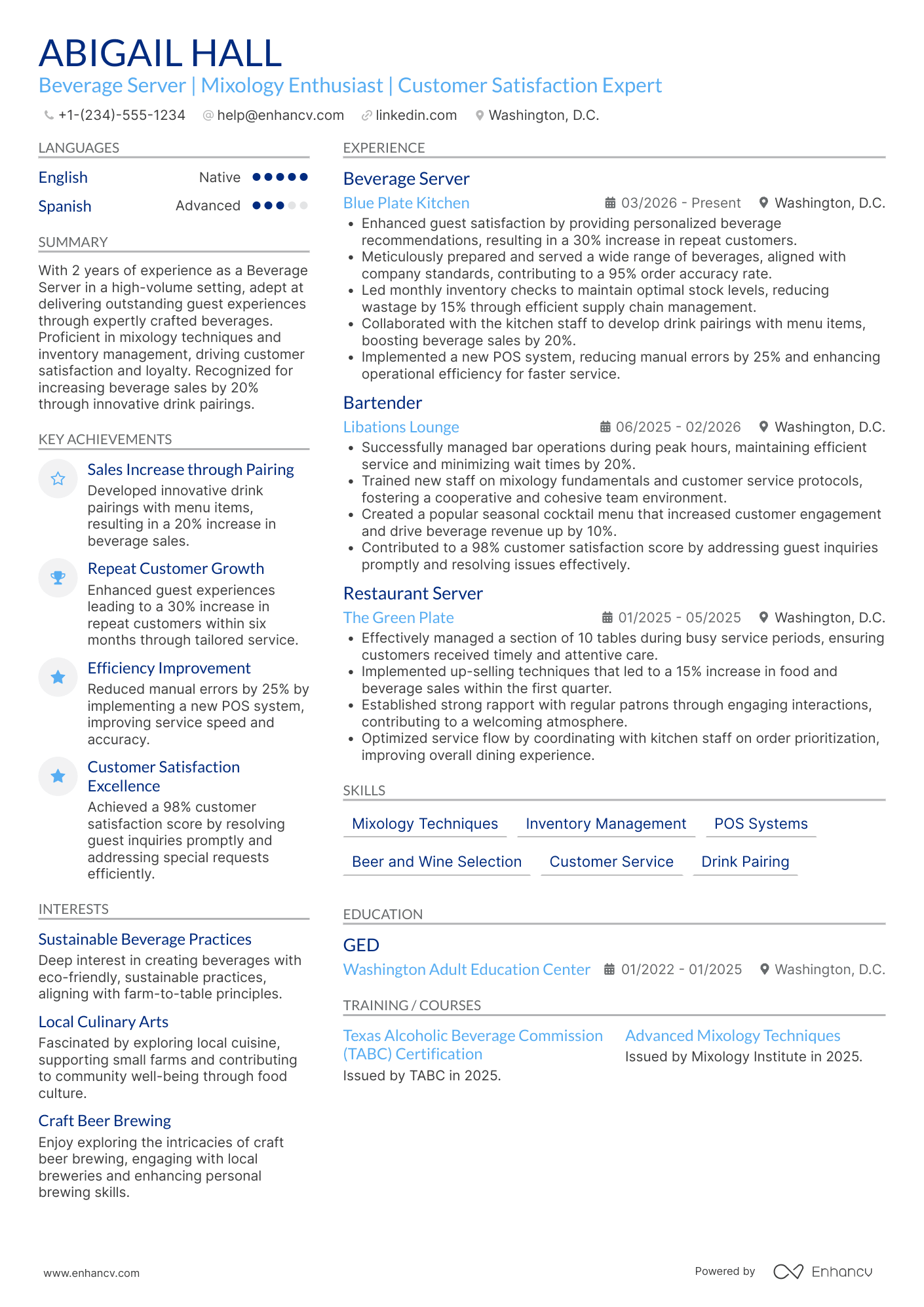 A resume example of a Beverage Server