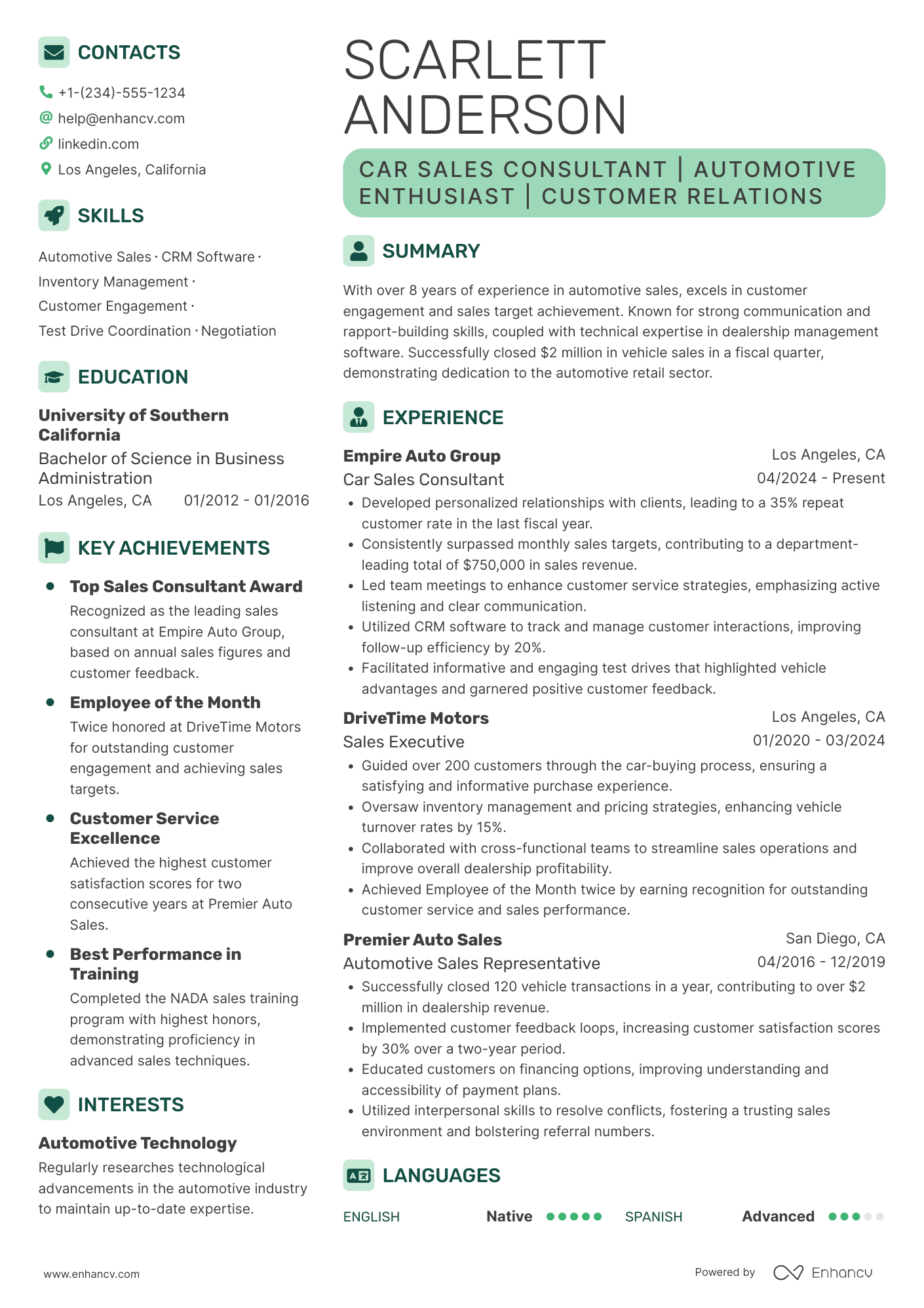A resume example of a Car Sales