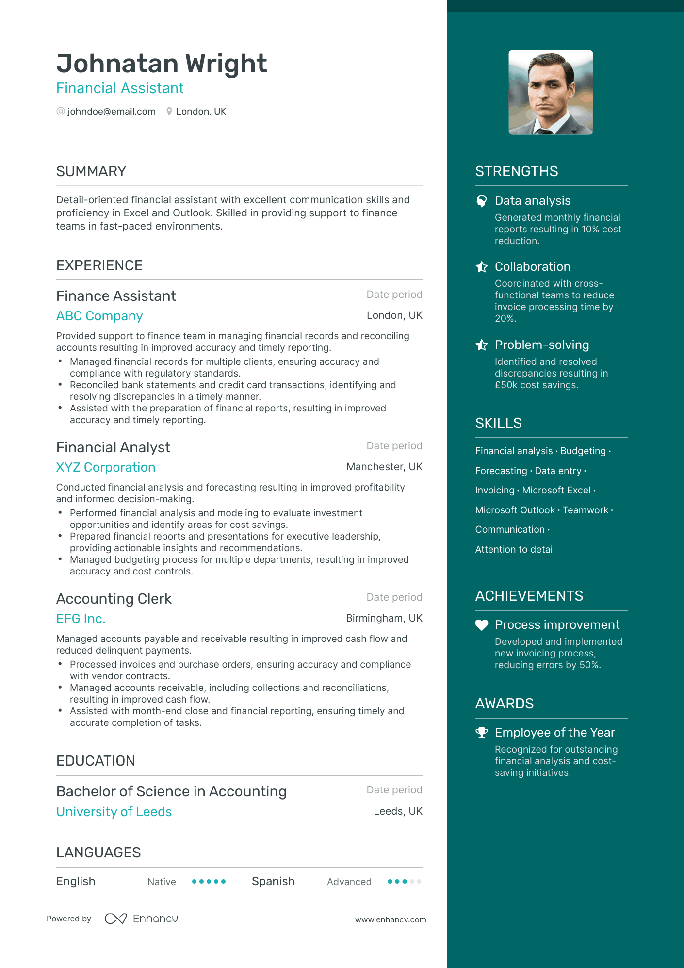 One Page Financial Assistant Resume Template