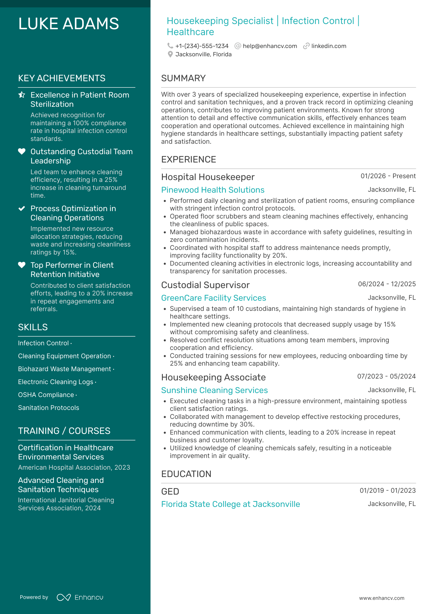 A resume example of a Hospital Housekeeping
