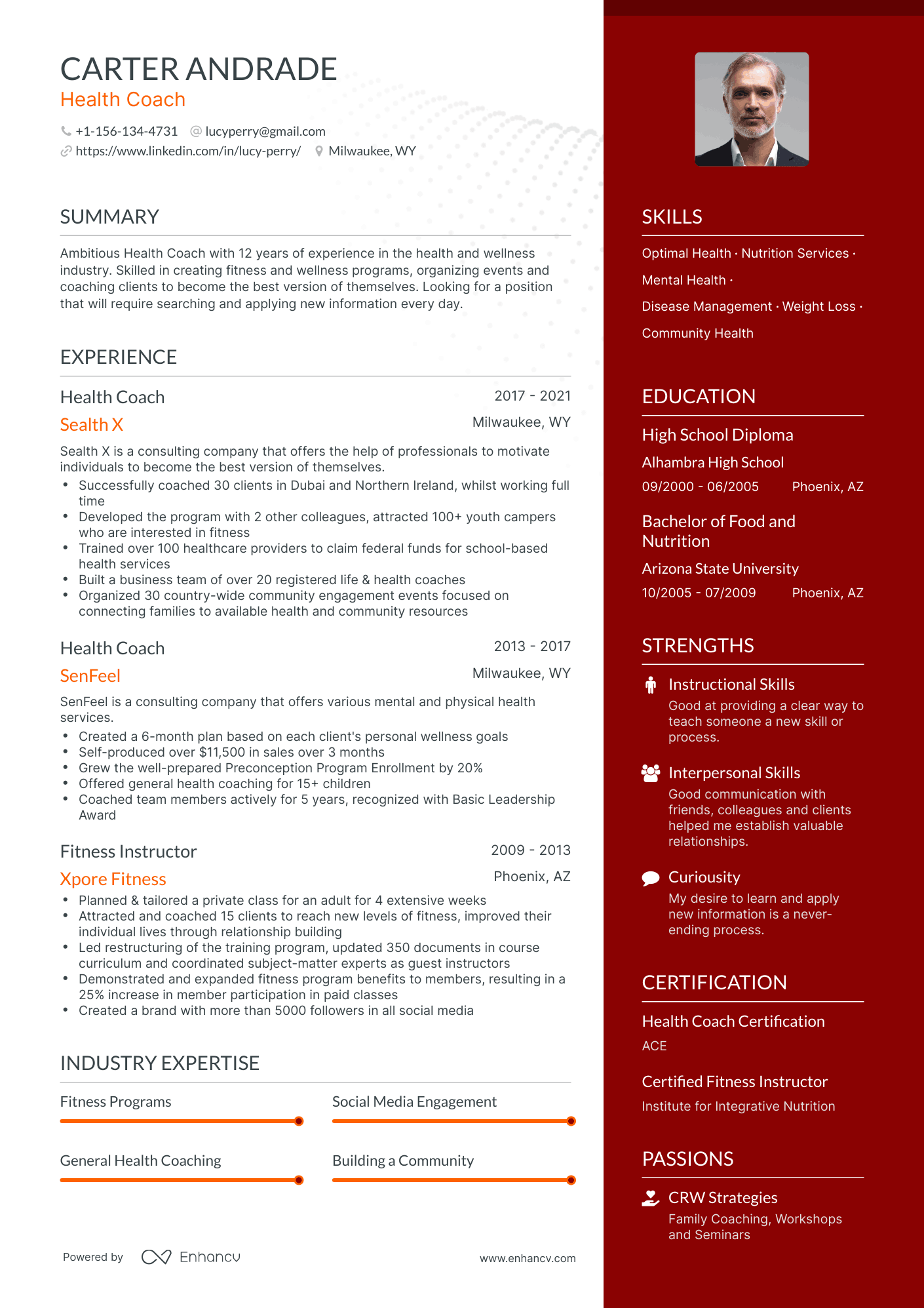 One Page Health Coach Resume Template