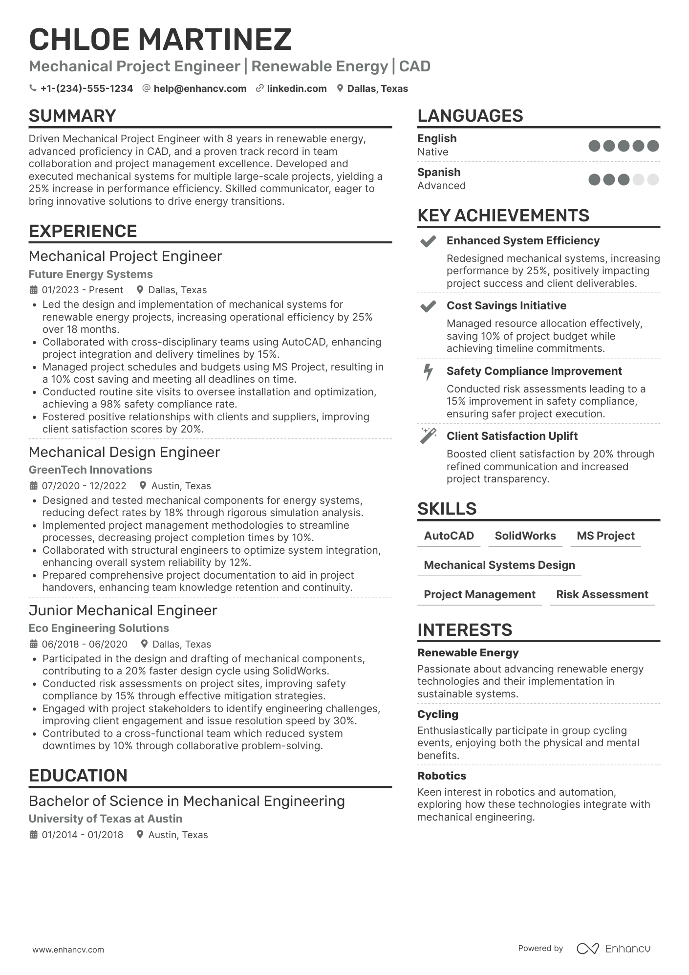 A resume example of a Mechanical Project Engineer