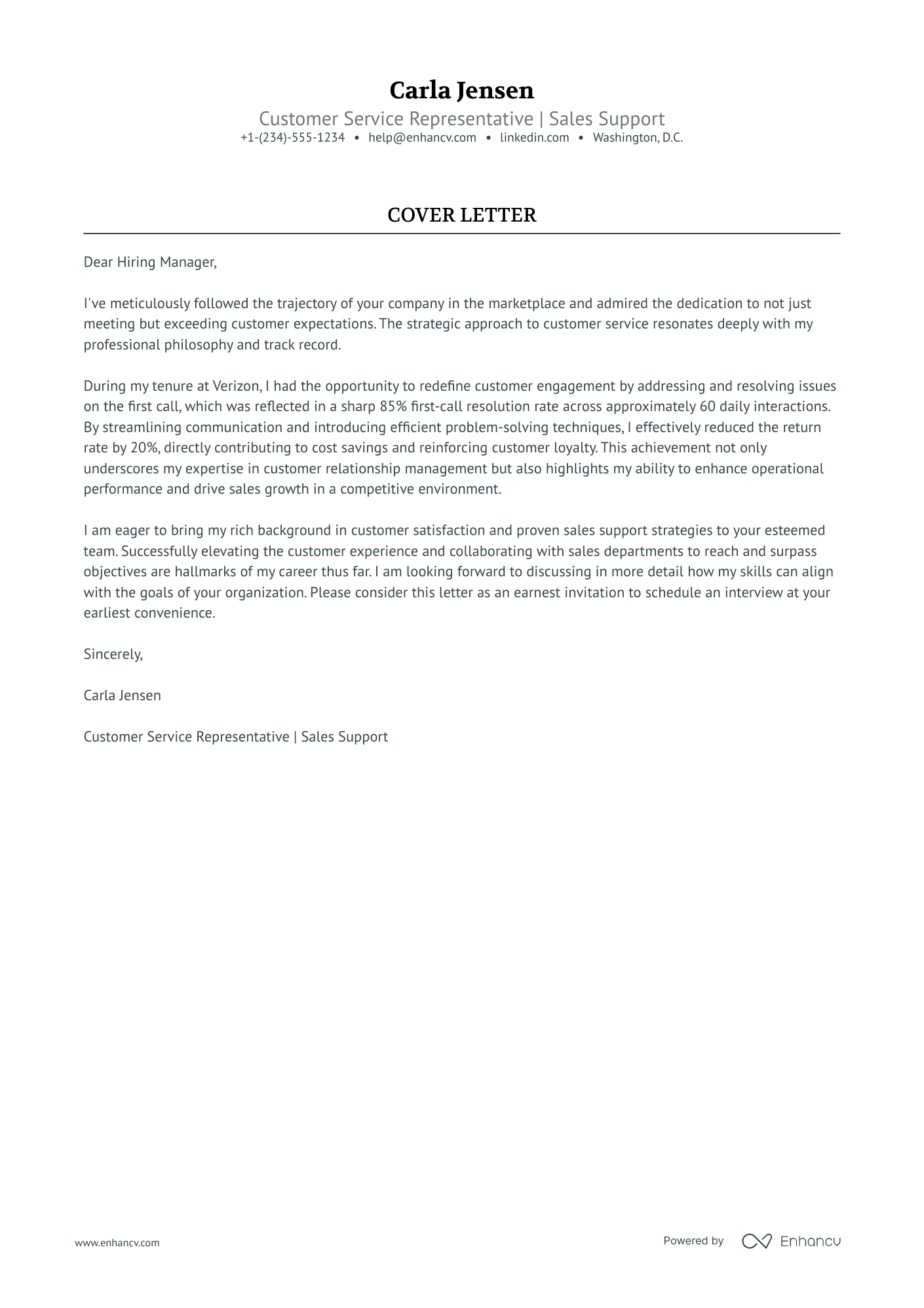 example customer service cover letter