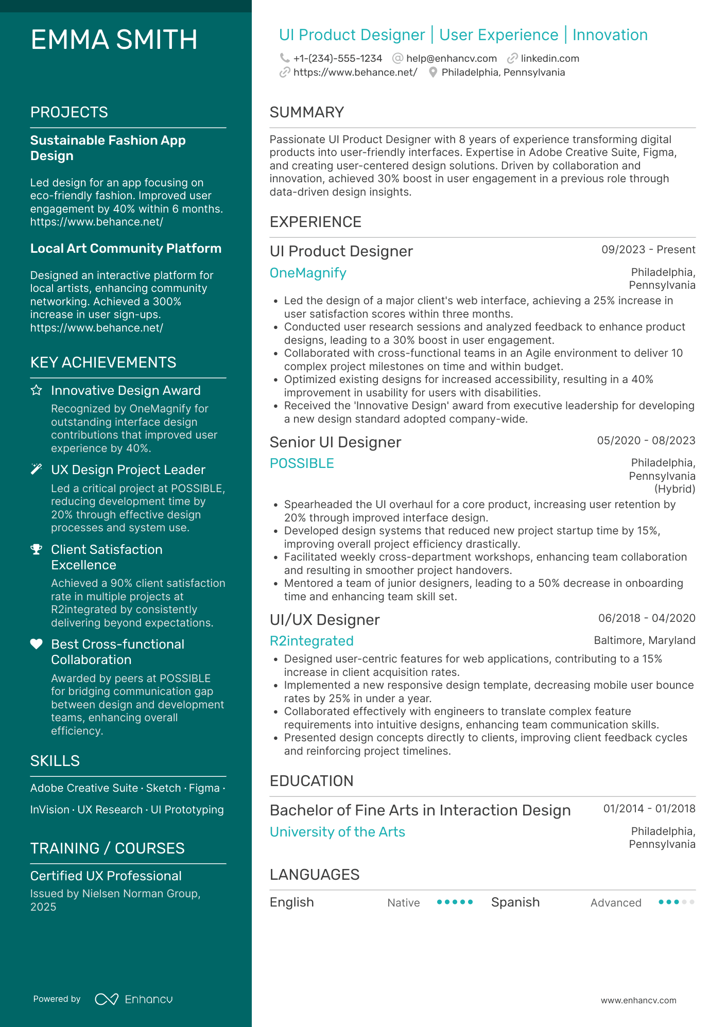 A resume example of a UI Product Designer