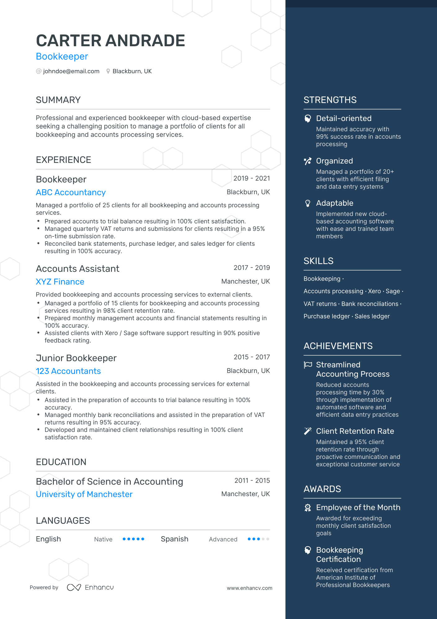 One Page Bookkeeper Resume Template