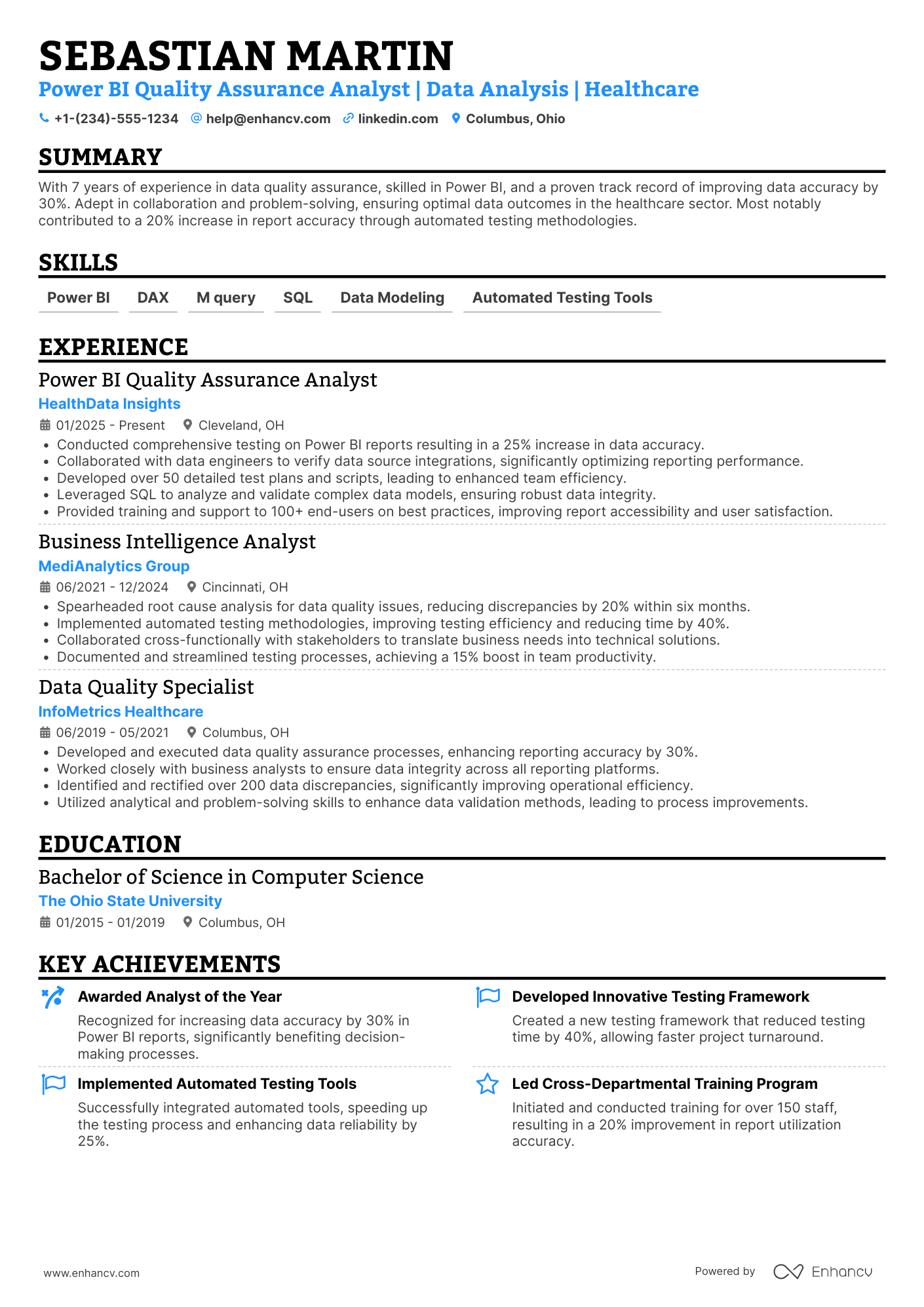 A resume example of a Power BI Quality Assurance Analyst