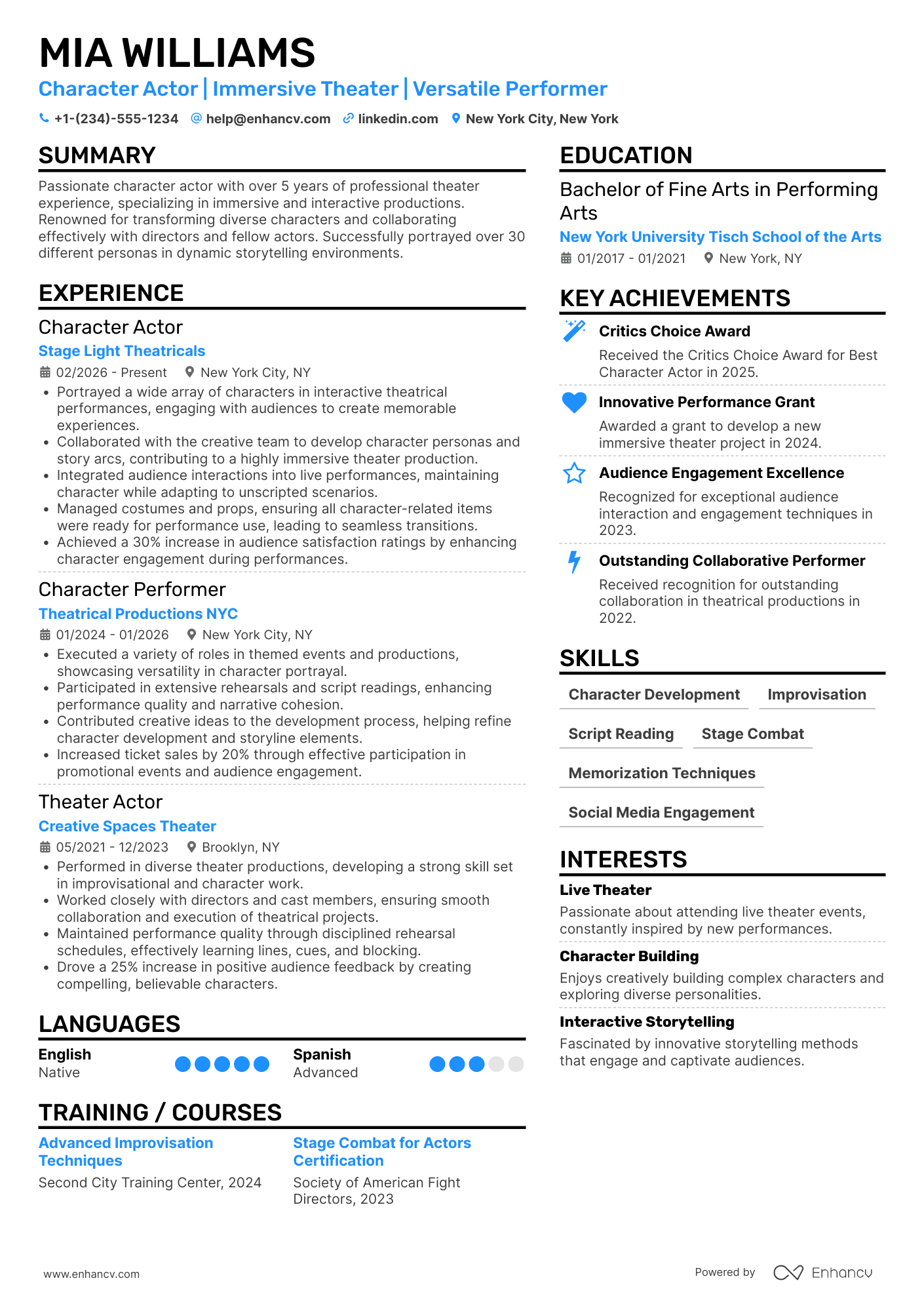 A resume example of a Character Actor