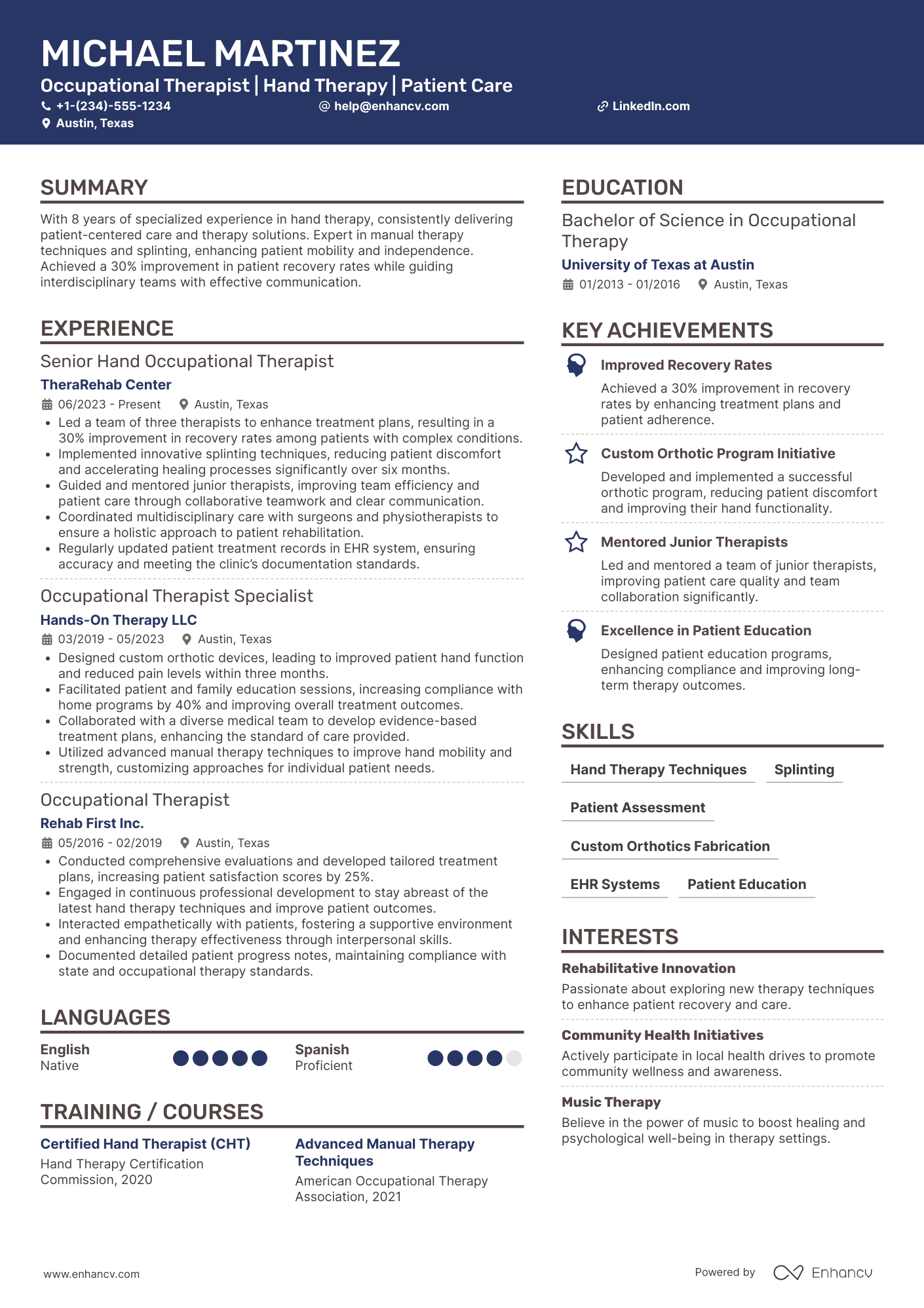 A resume example of a Hand Occupational Therapist