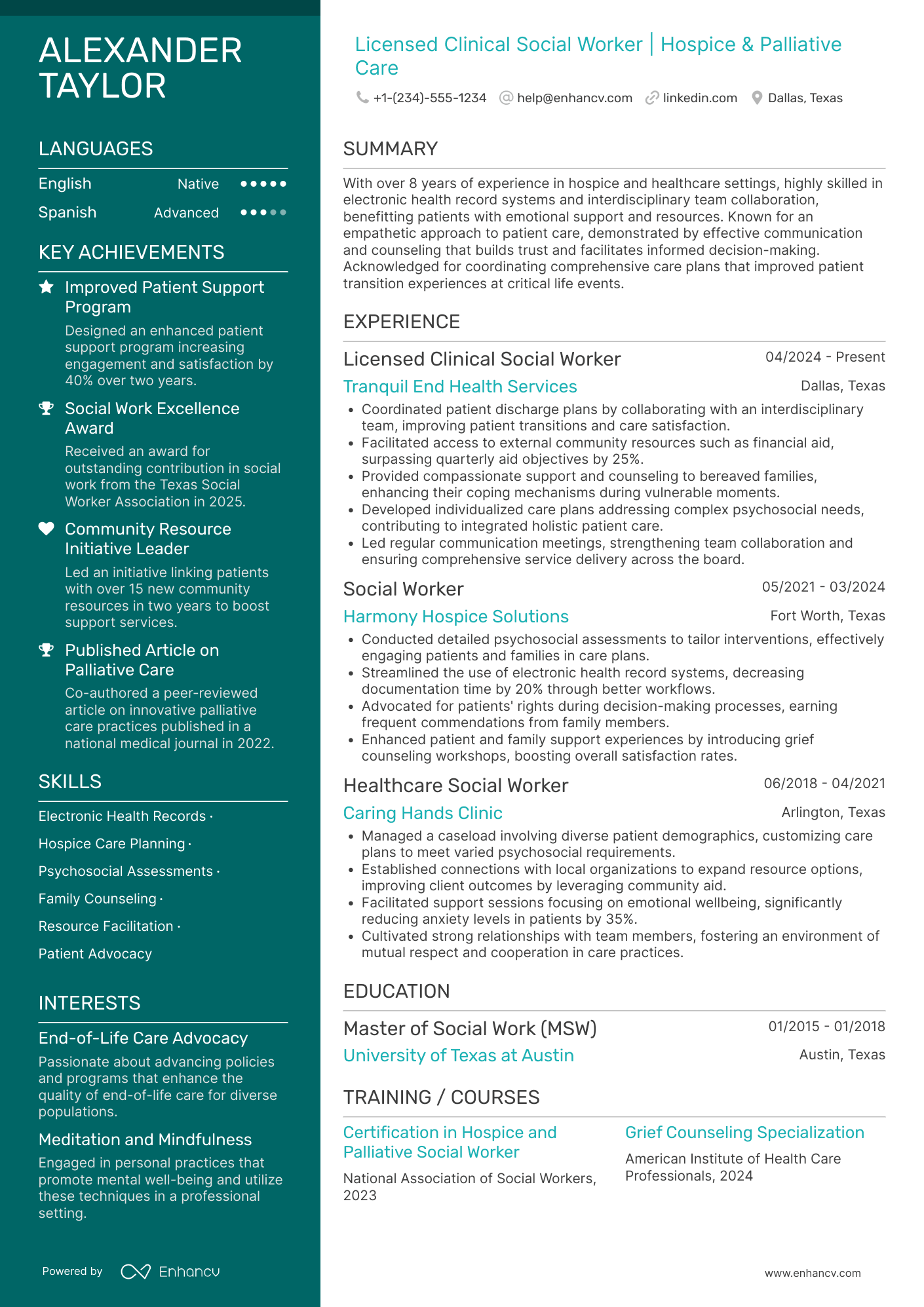 A resume example of a Hospice Social Worker