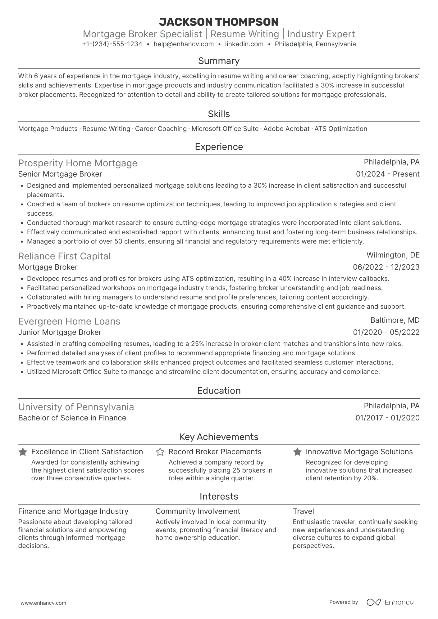 A resume example of a Mortgage Broker Resume