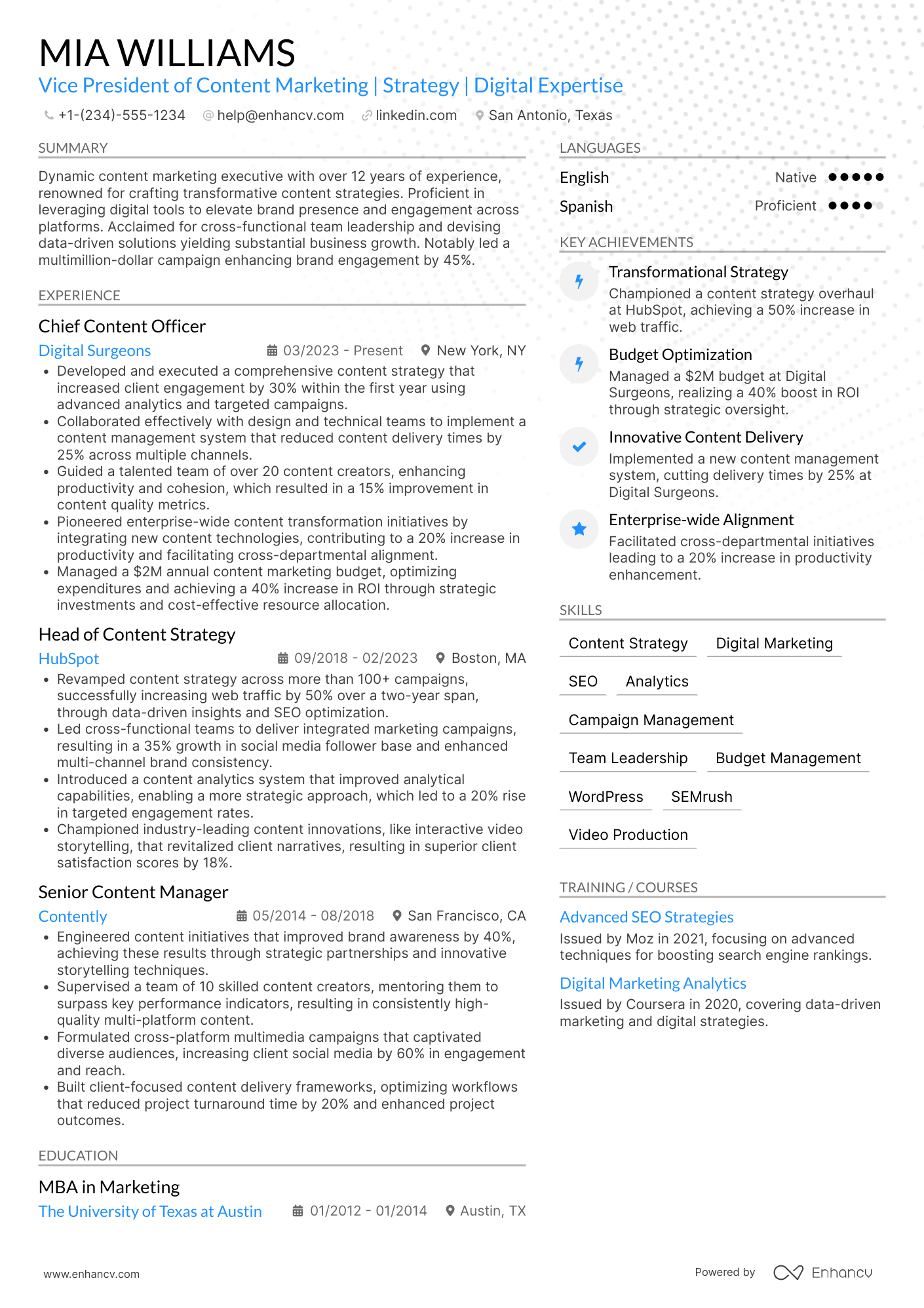 A resume example of a Vice President of Content Marketing