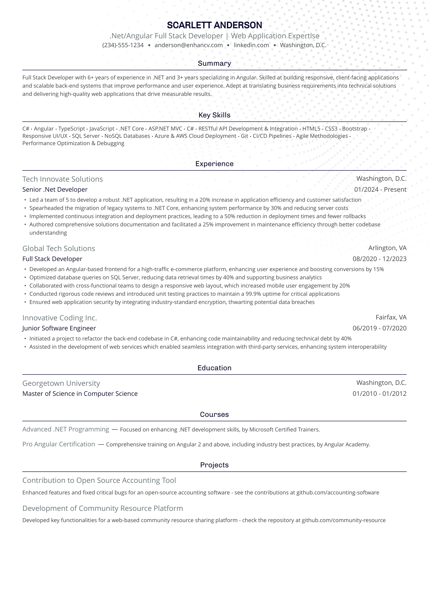 A resume example of a Angular Full Stack Developer