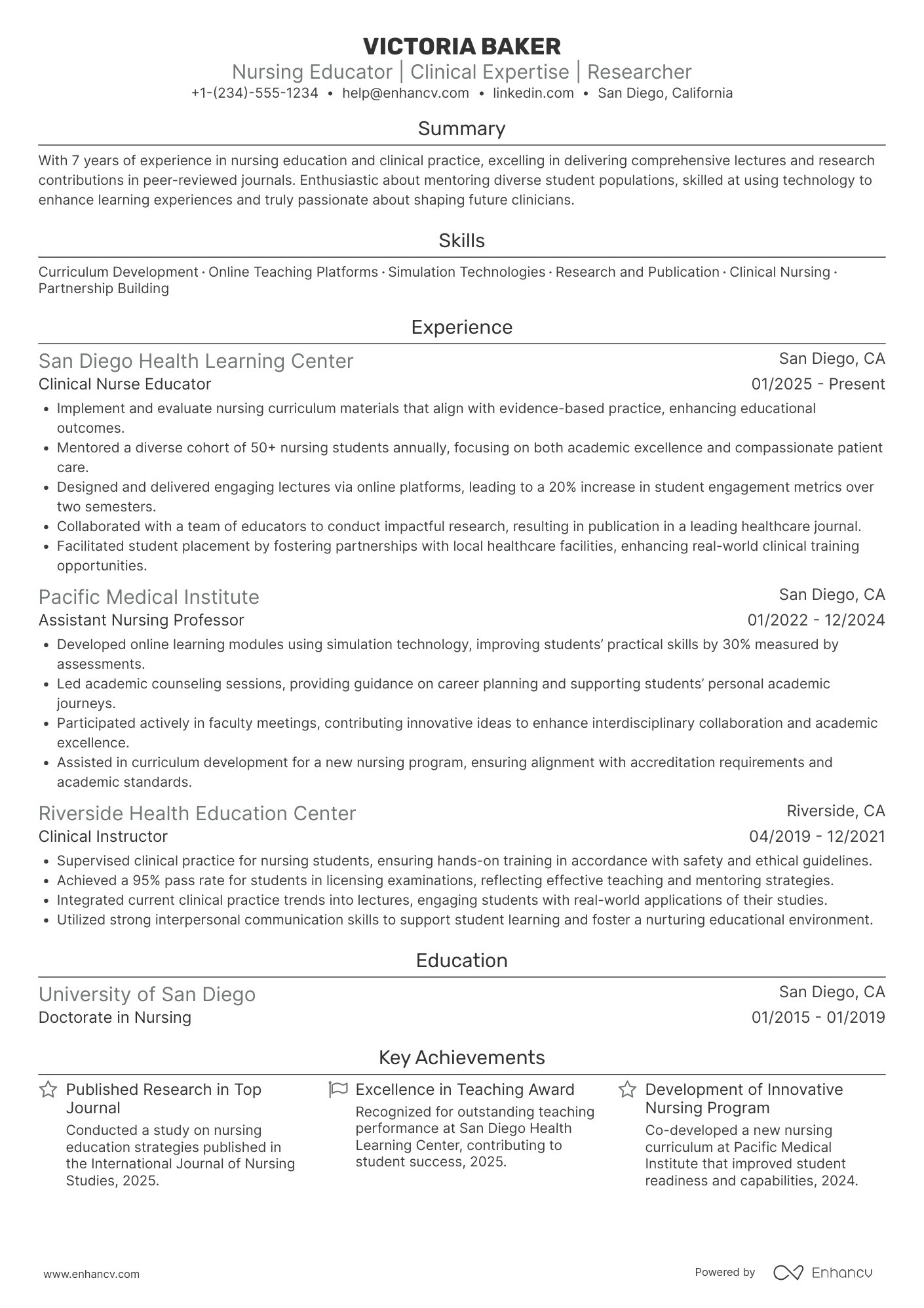 A resume example of a Clinical Professor of Nursing