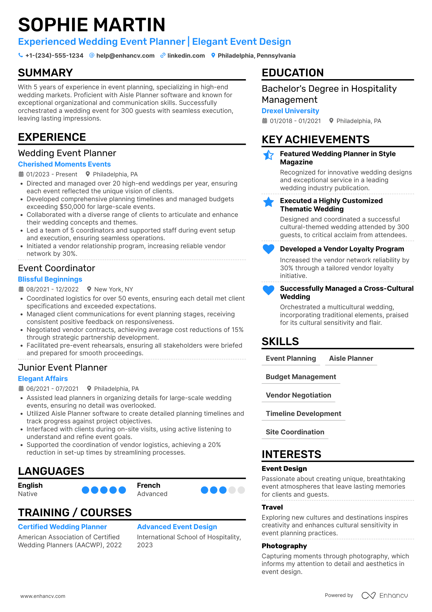 A resume example of a Wedding Event Planner