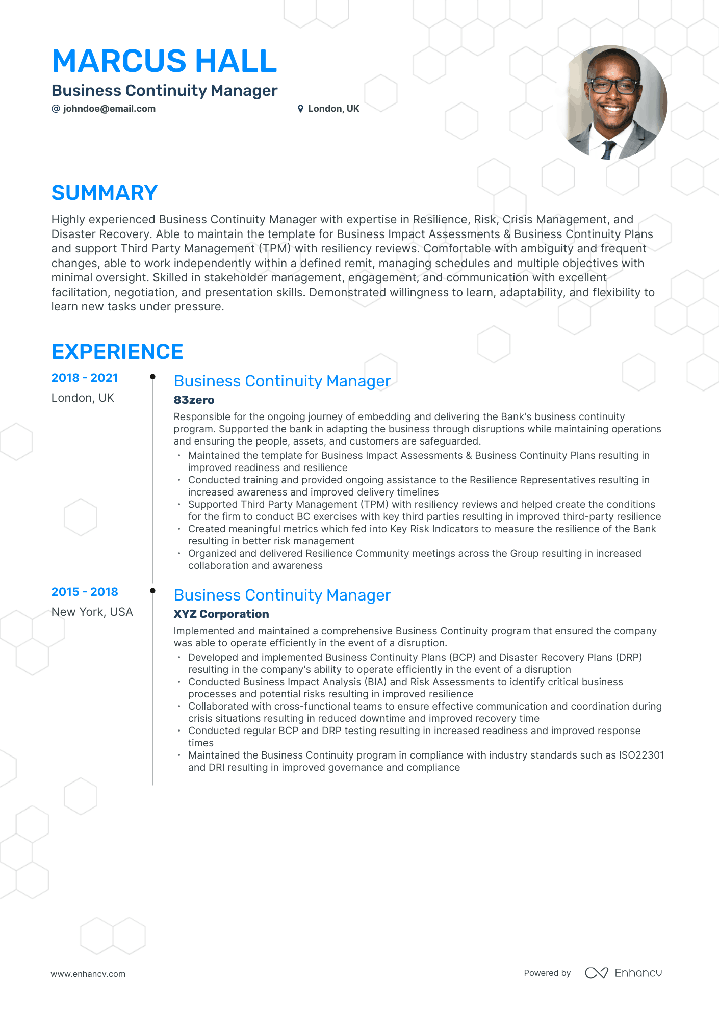 Timeline Business Continuity Manager Resume Template