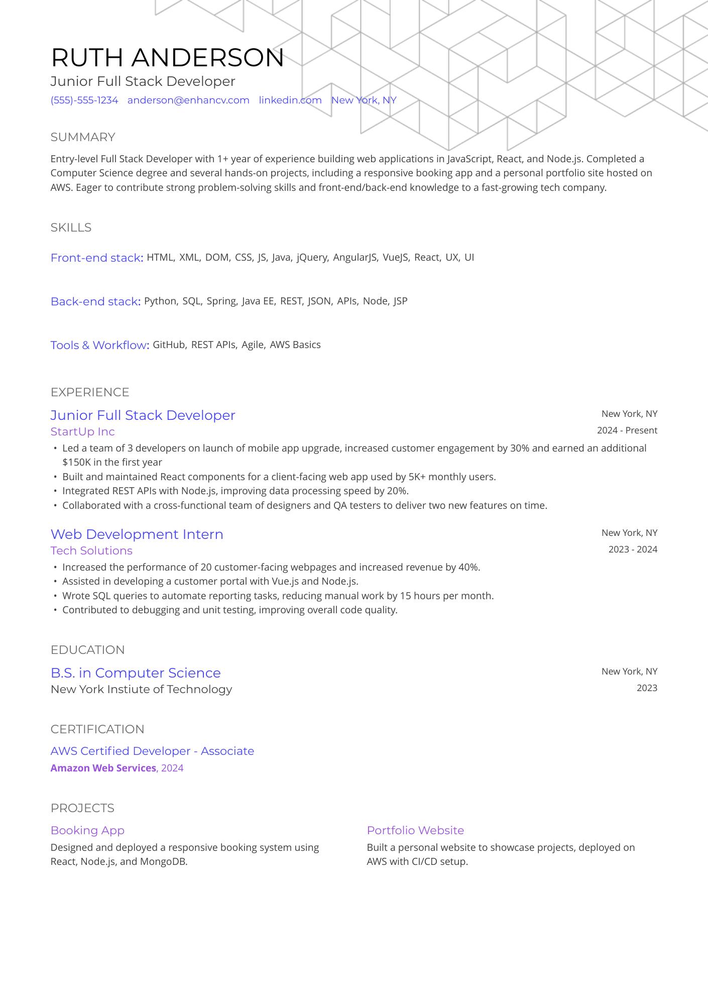 A resume example of a Junior Full Stack Developer