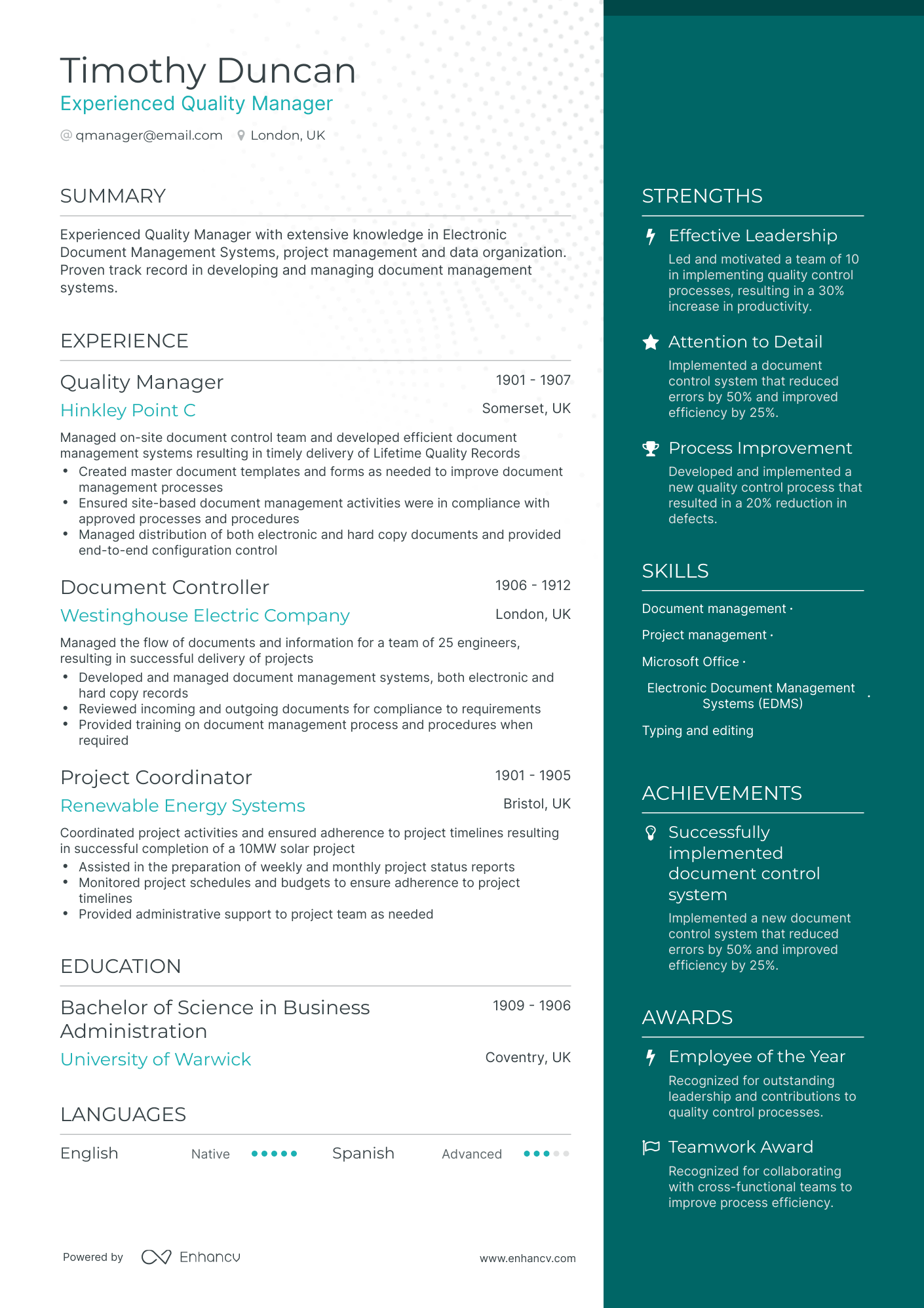 One Page Quality Manager Resume Template