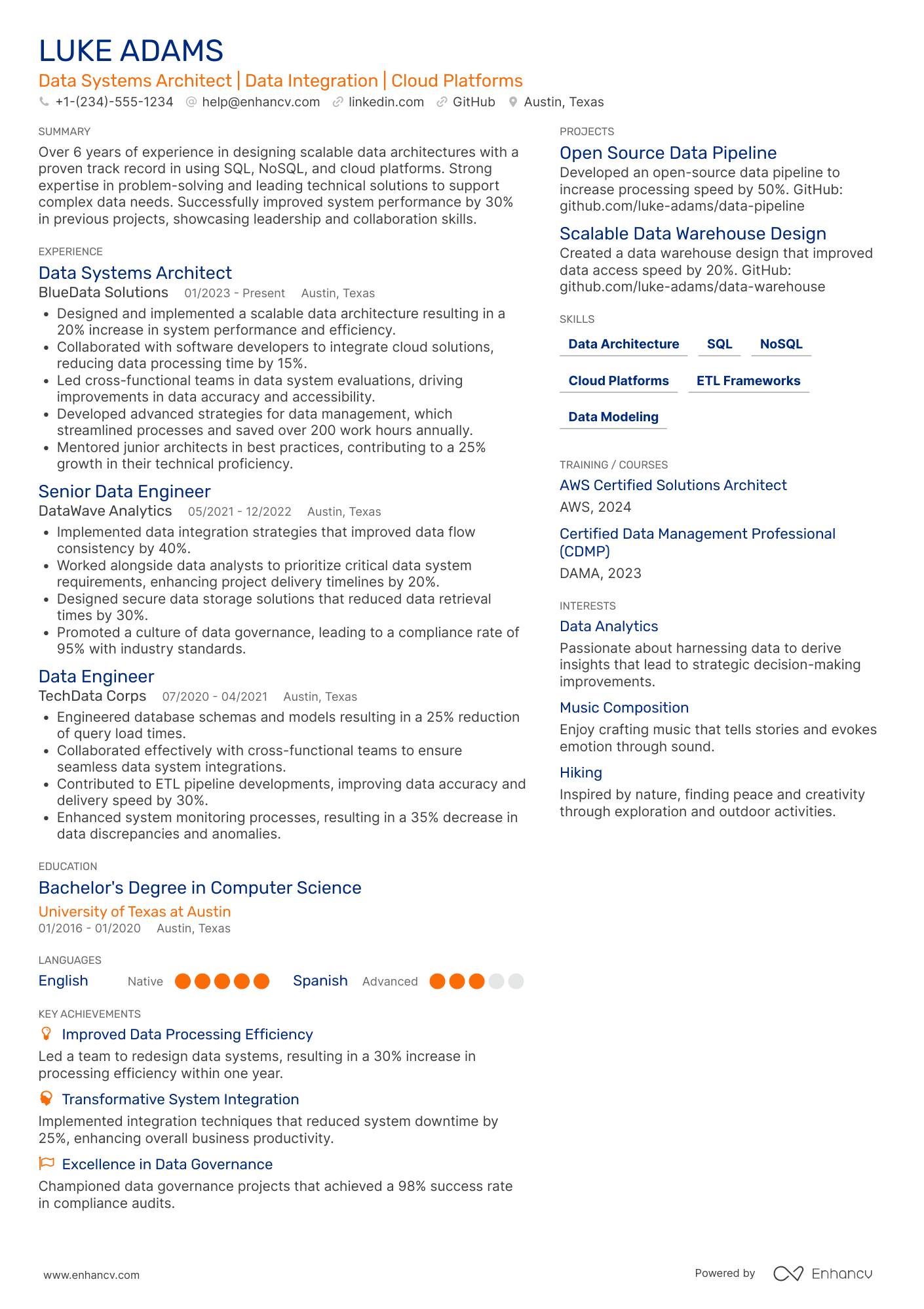 A resume example of a Data Systems Architect