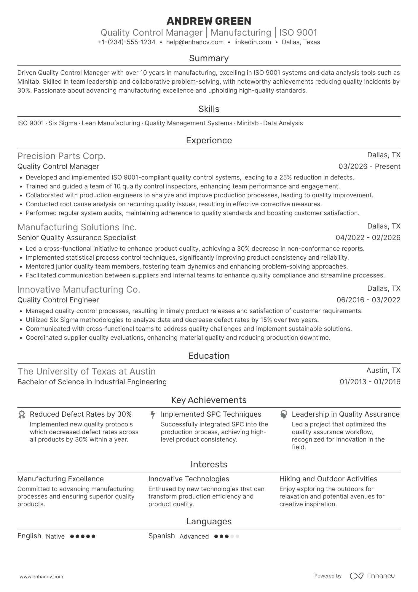 A resume example of a Factory Quality Control Manager