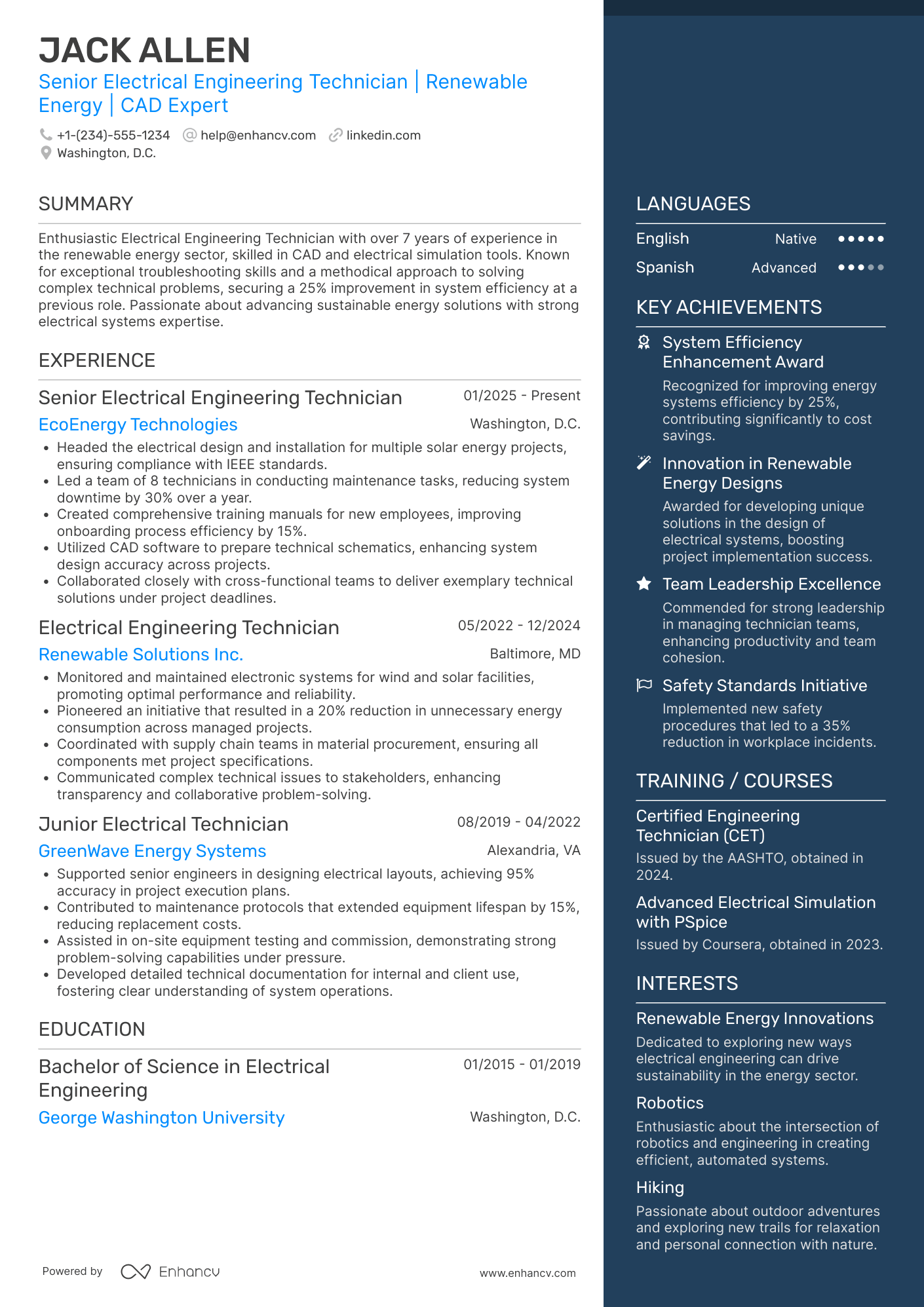 A resume example of a Senior Electrical Engineering Technician