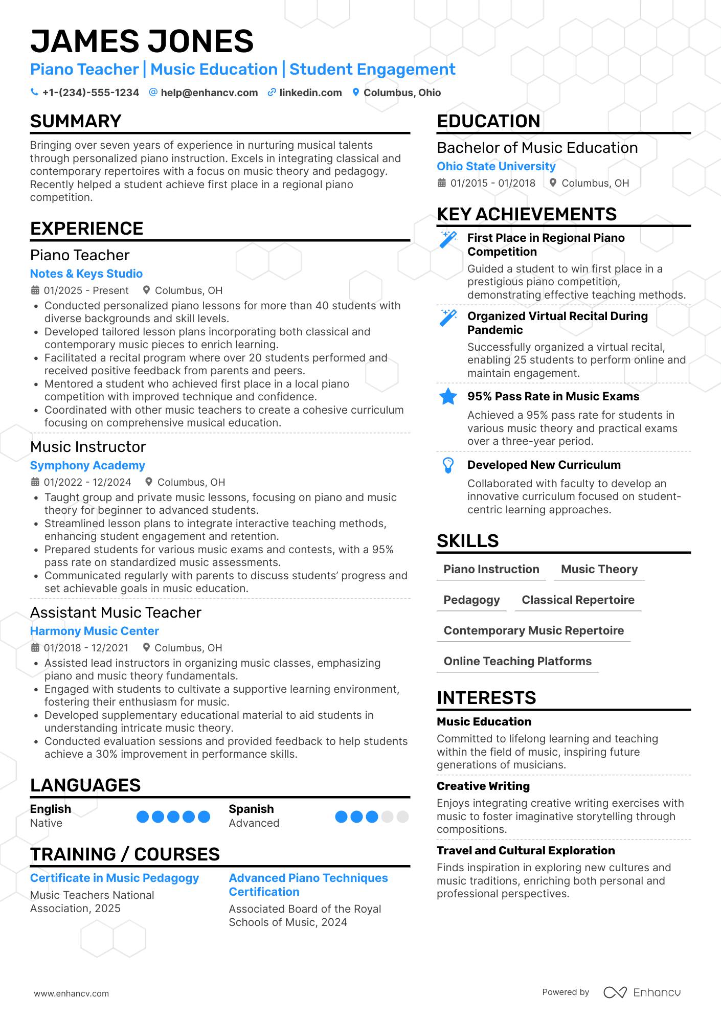 A resume example of a Piano Teacher