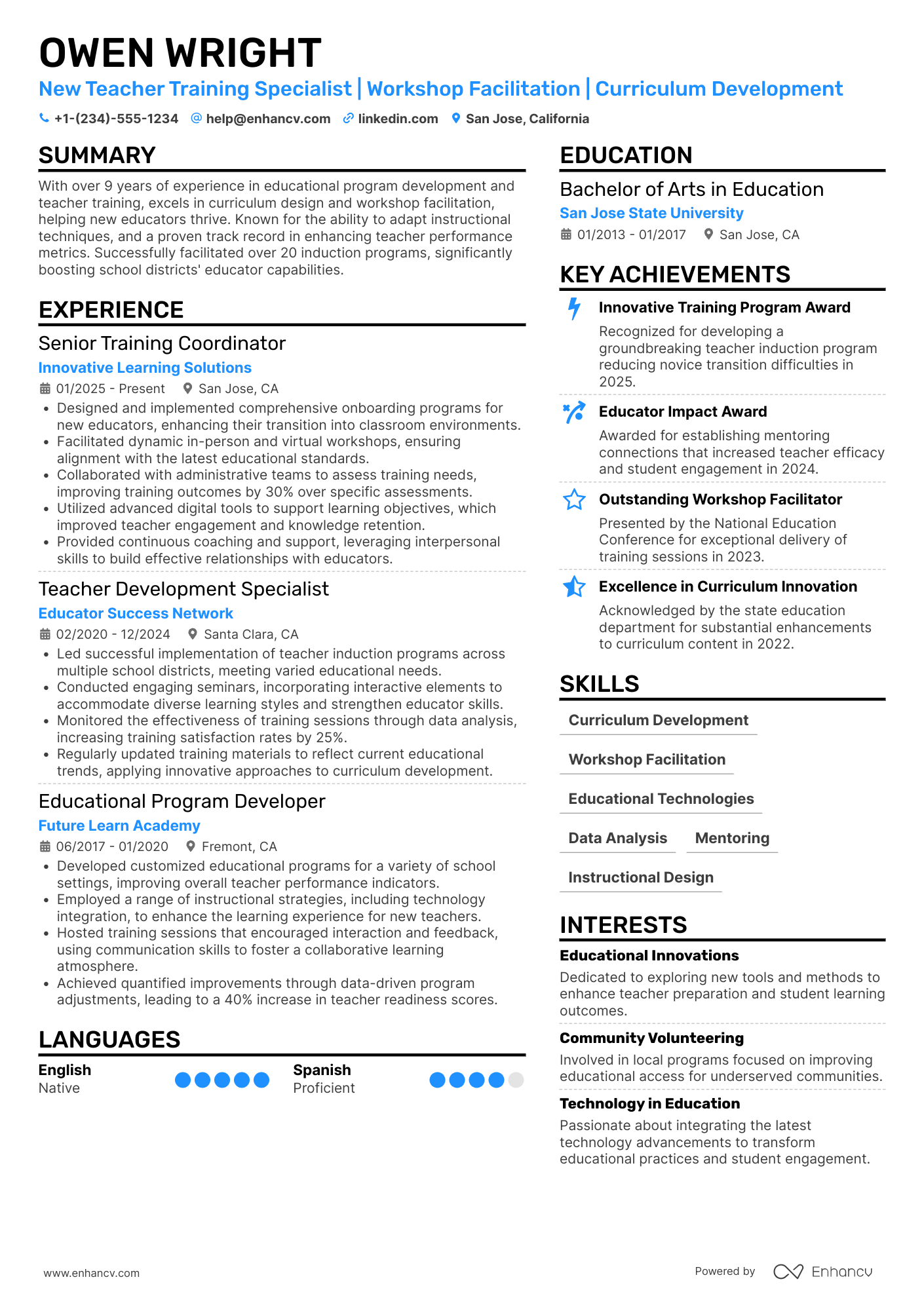 A resume example of a New Teacher Training Specialist