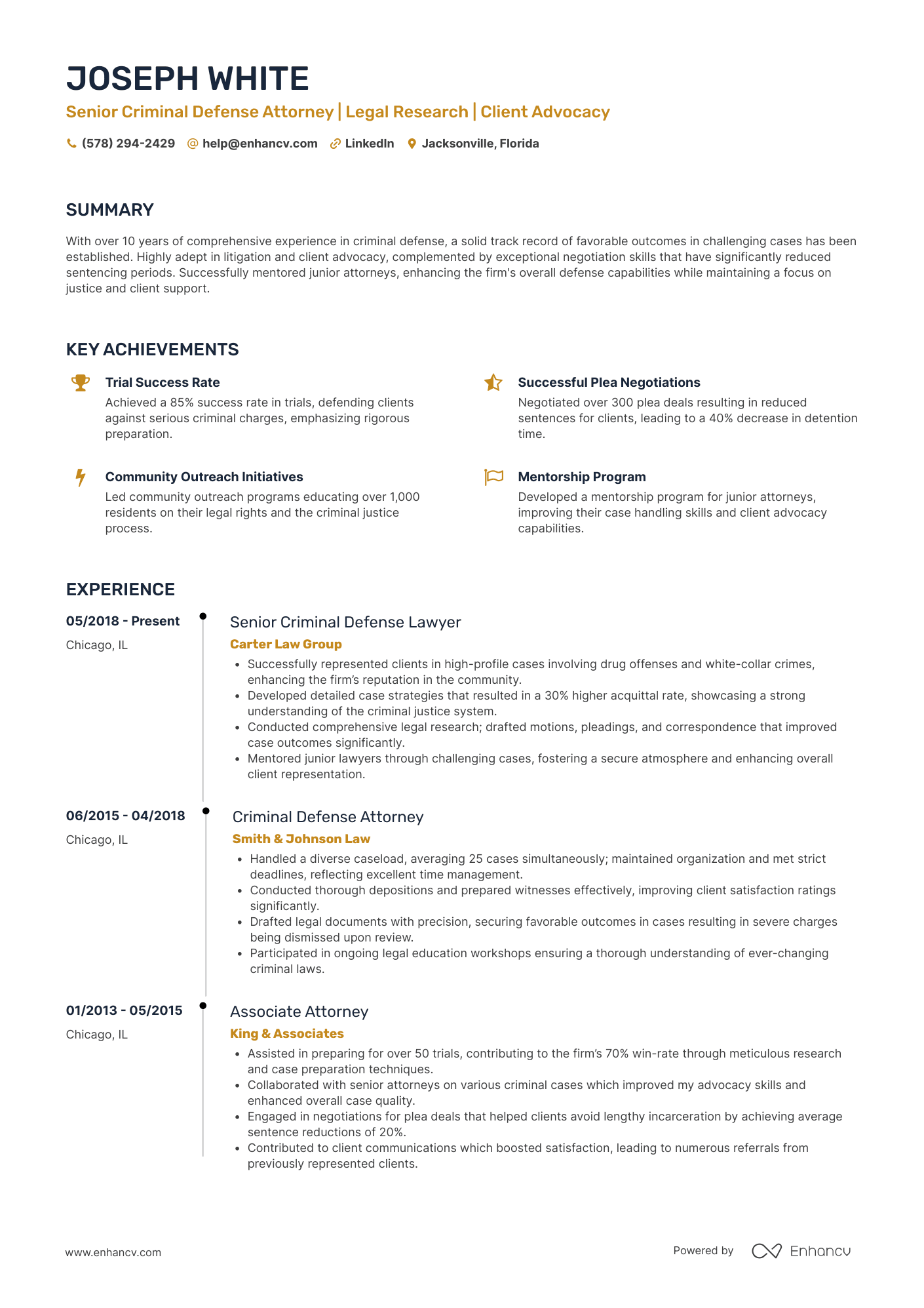 A resume example of a Senior Criminal Defense Lawyer