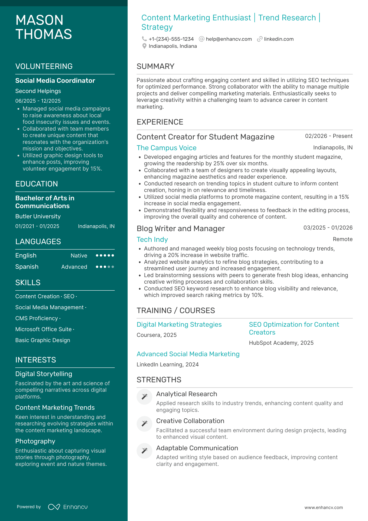 A resume example of a Content Marketing Intern