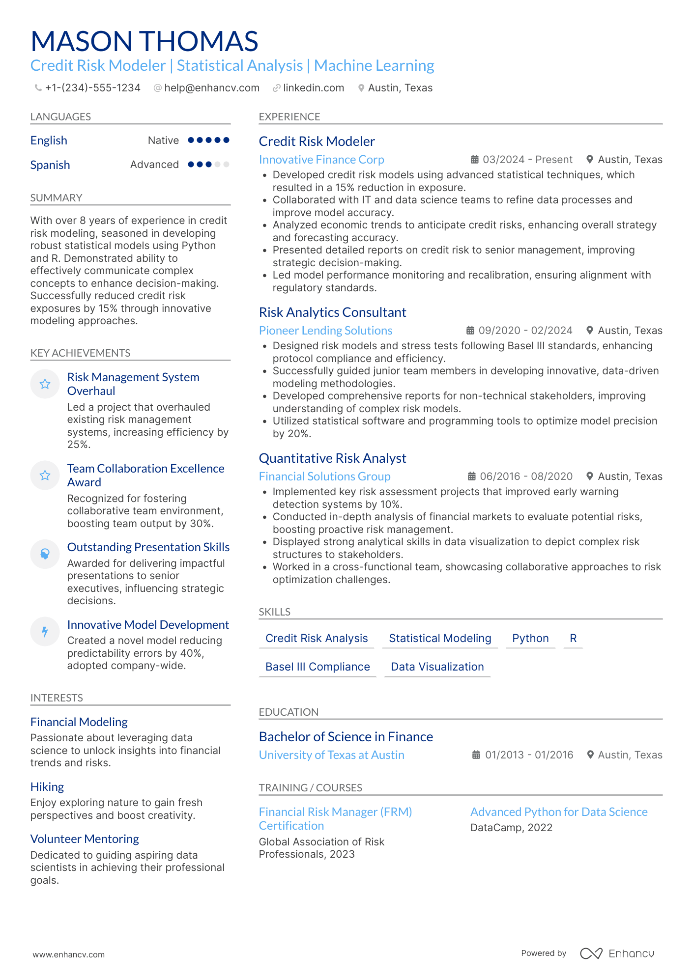 A resume example of a Credit Risk Modeler