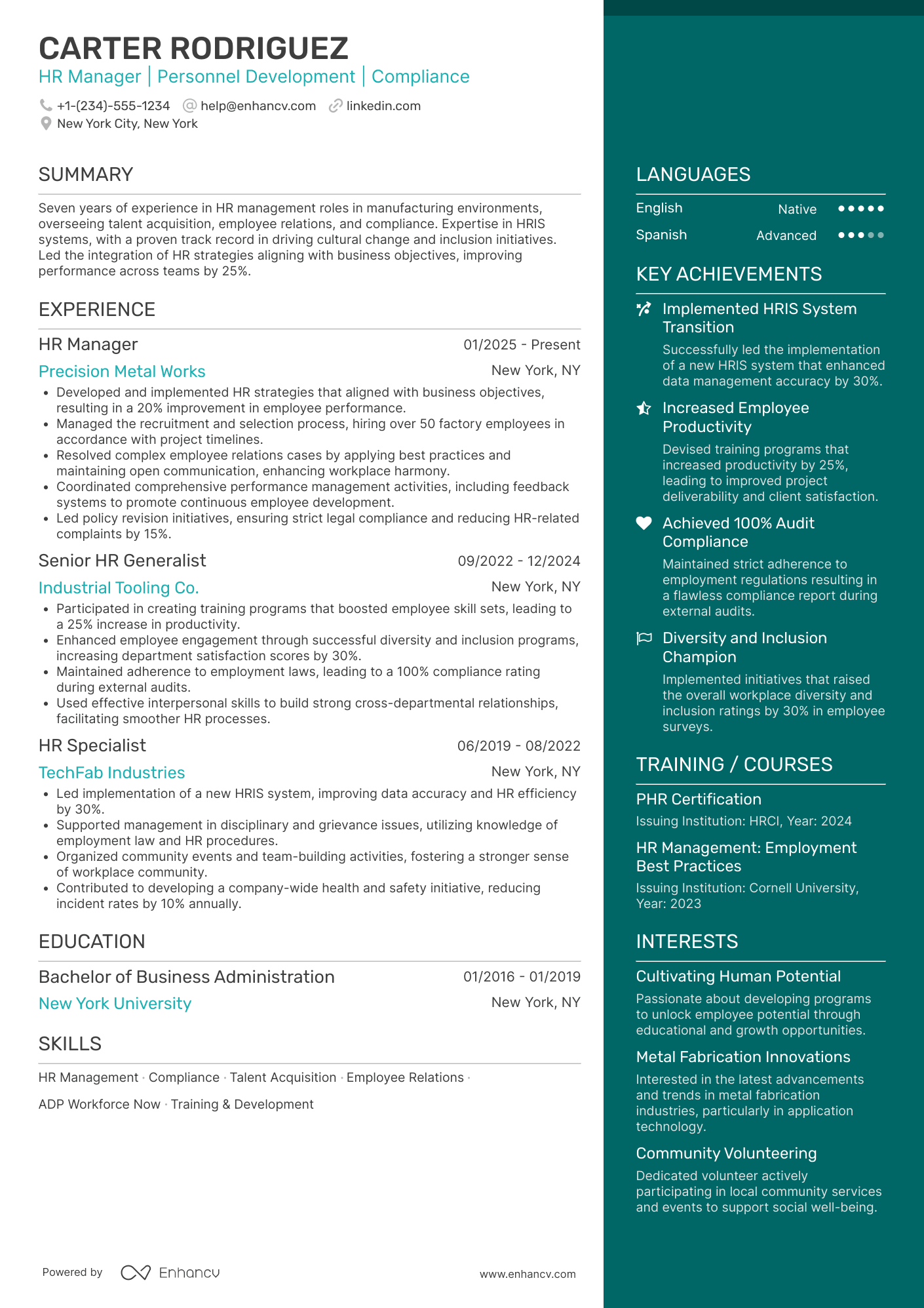 A resume example of a Factory HR Manager