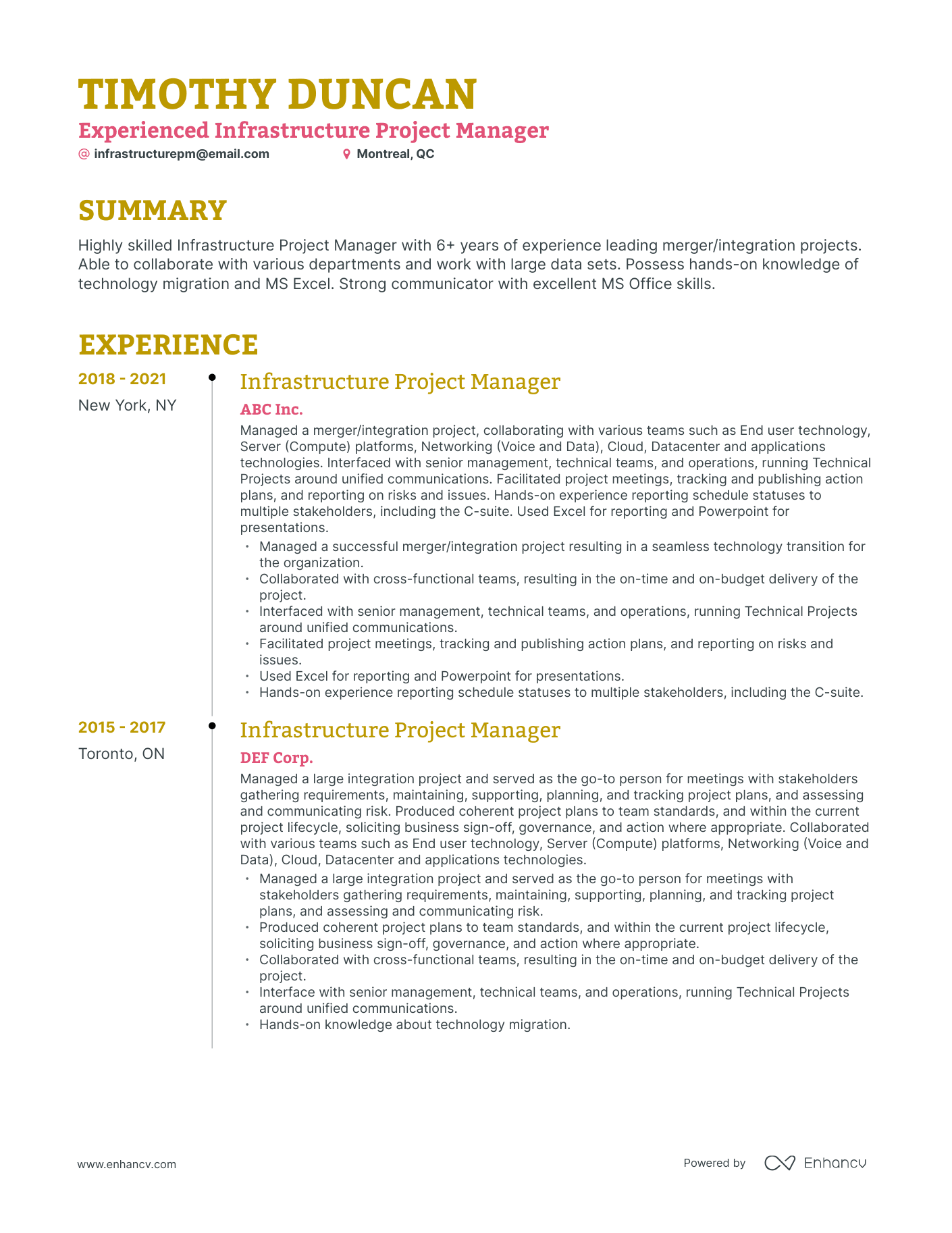 Timeline Infrastructure Project Manager Resume Template