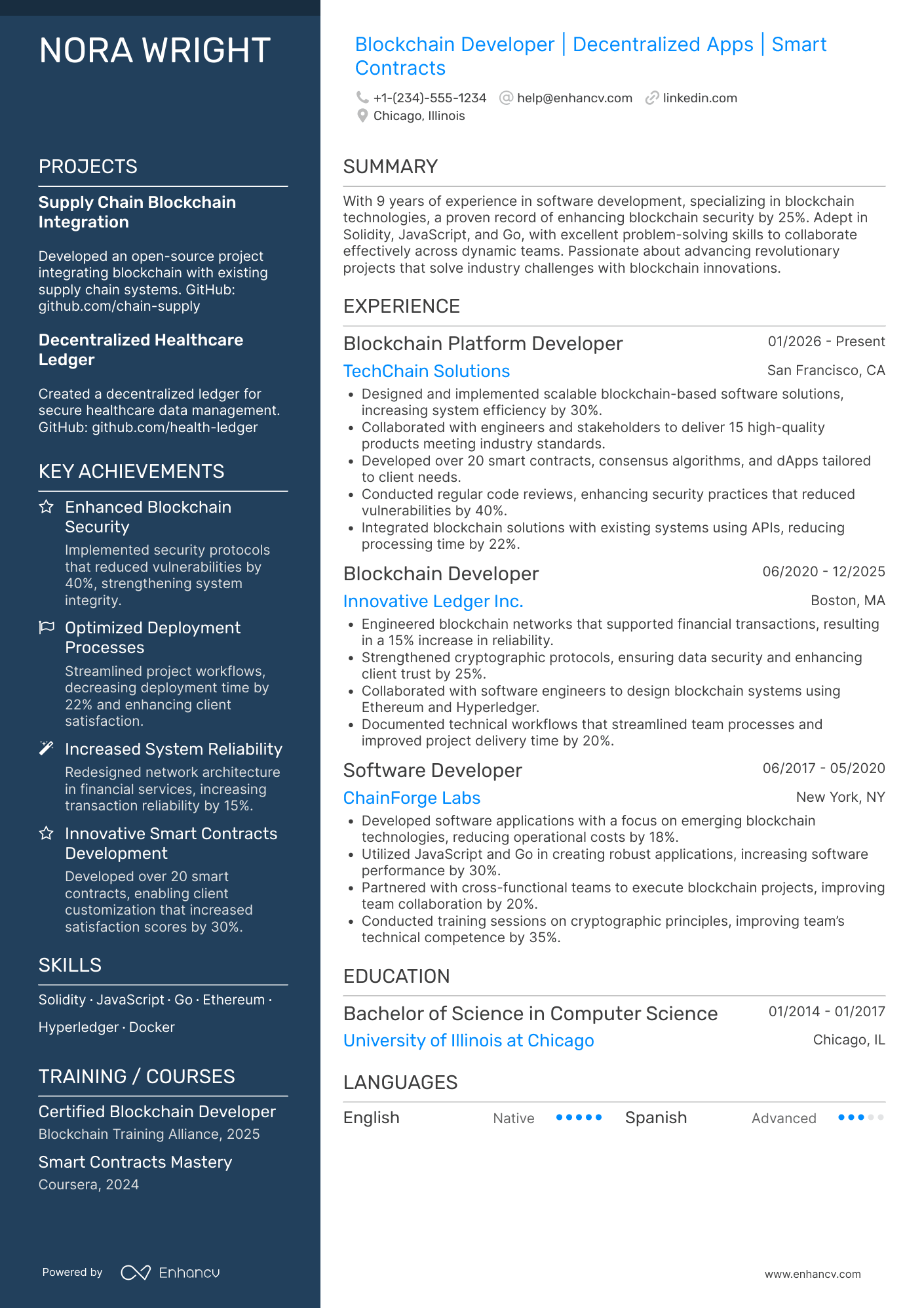 A resume example of a Blockchain Platform Developer