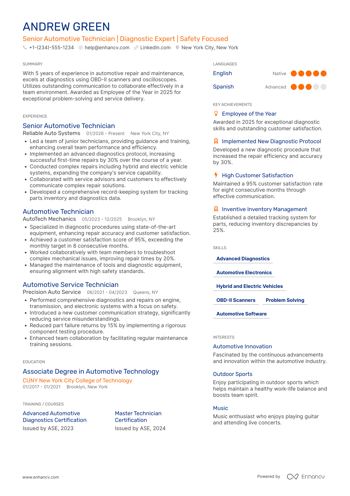 A resume example of a Senior Automotive Technician