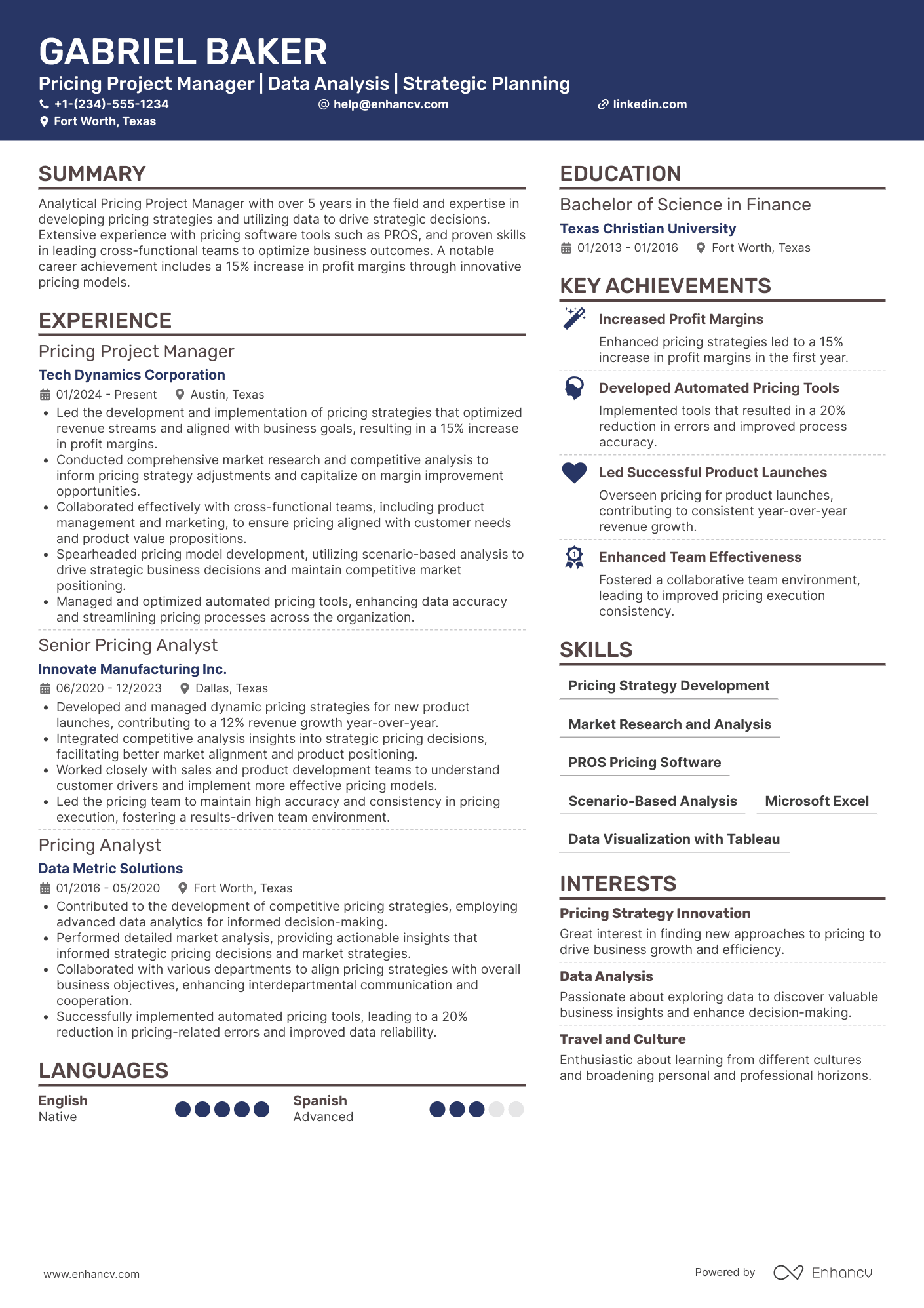 A resume example of a Pricing Project Manager