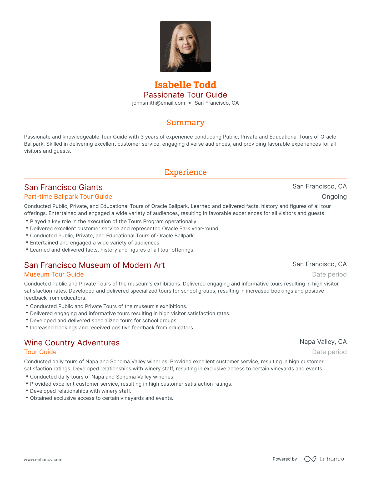 Traditional Tour Guide Resume Template