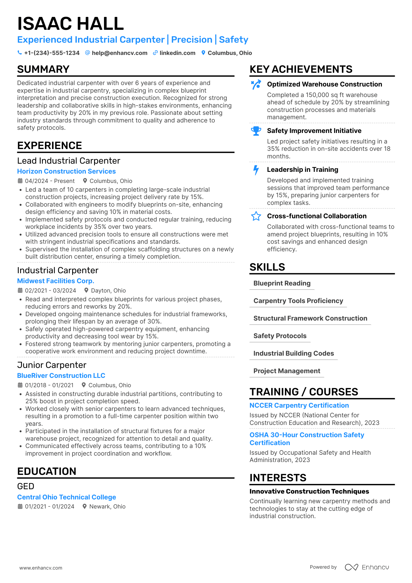 A resume example of a Industrial Carpenter