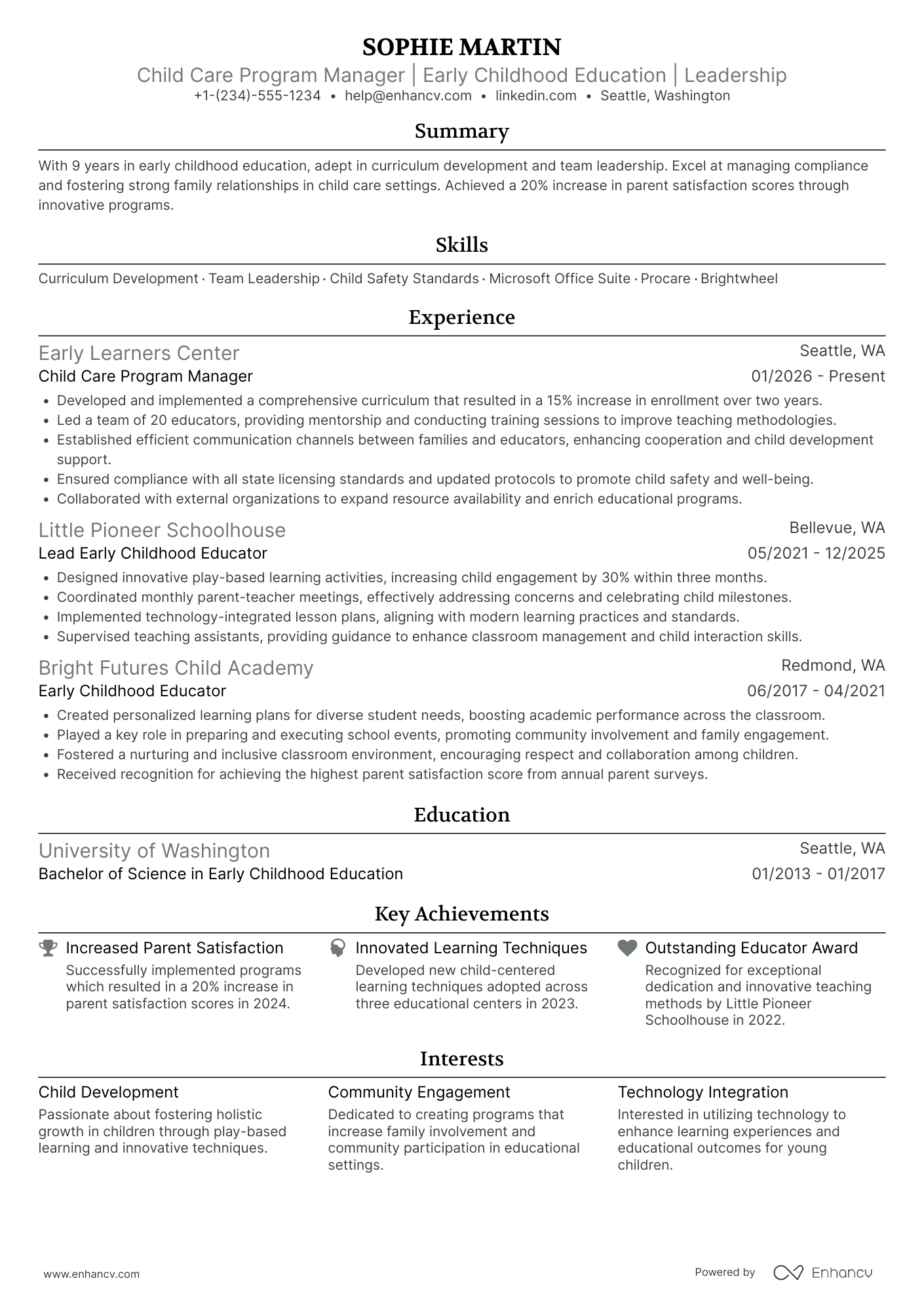A resume example of a Child Care Program Manager