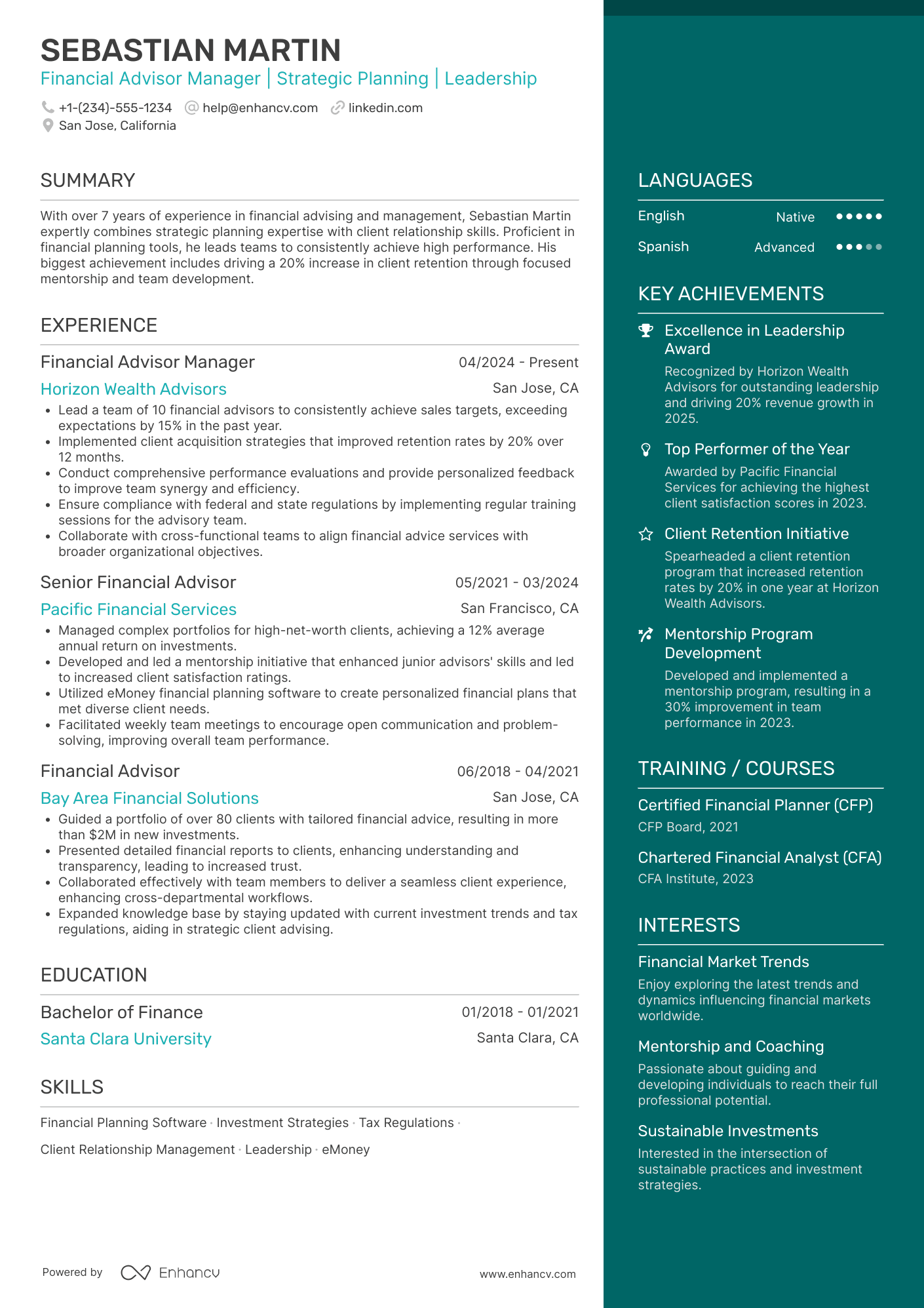 A resume example of a Financial Advisor Manager