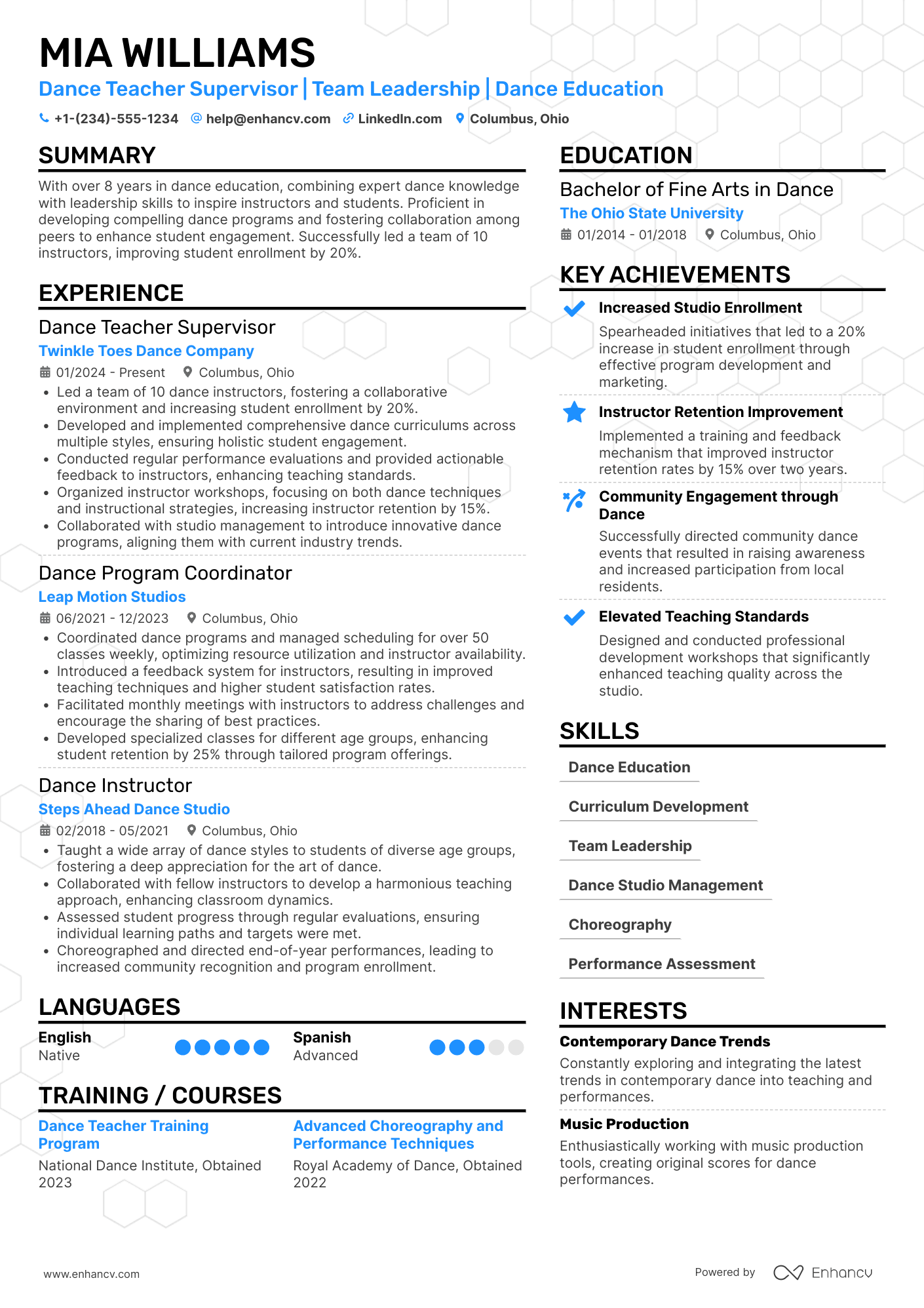 A resume example of a Dance Teacher Supervisor