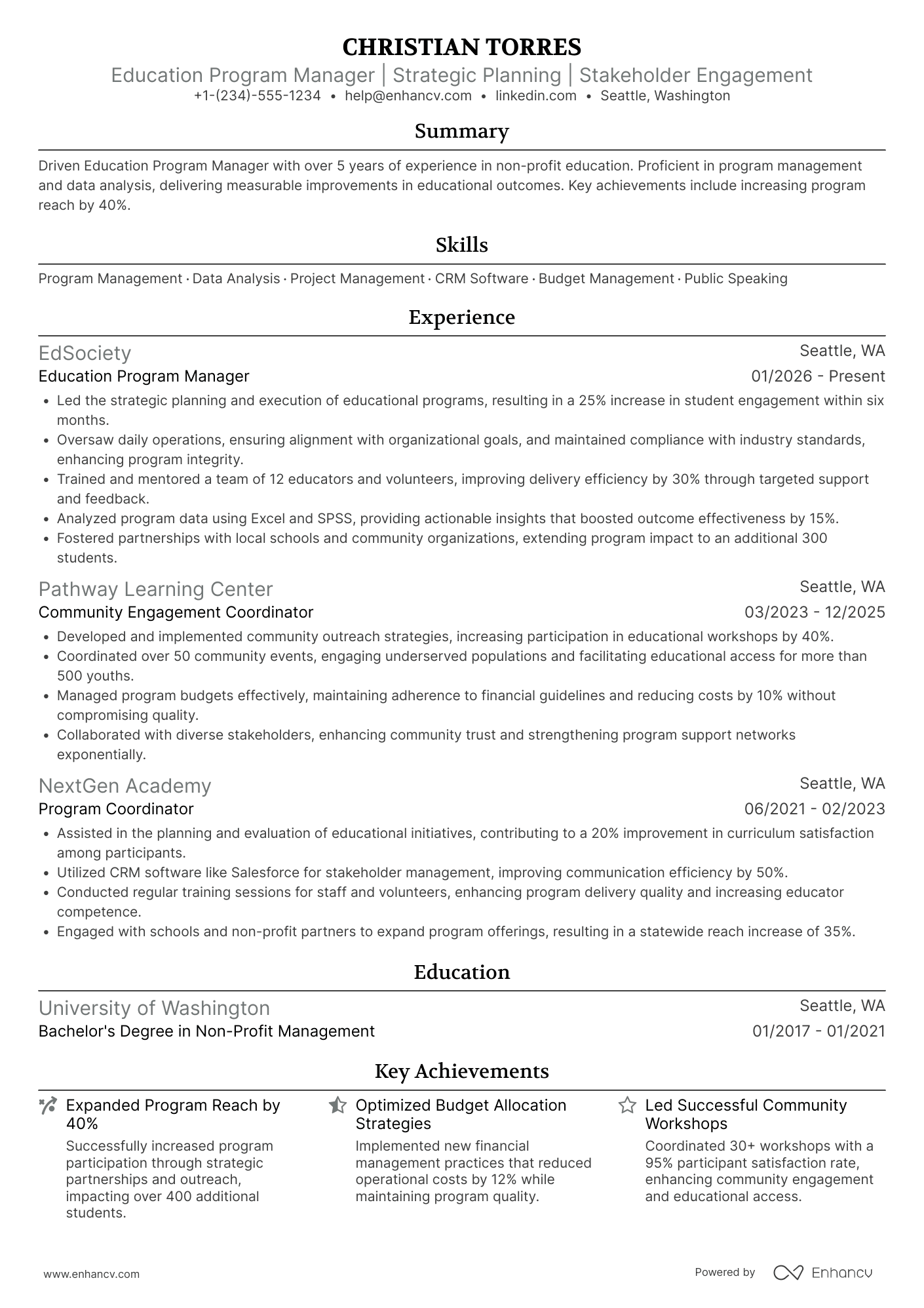 A resume example of a Non Profit Education Program Manager