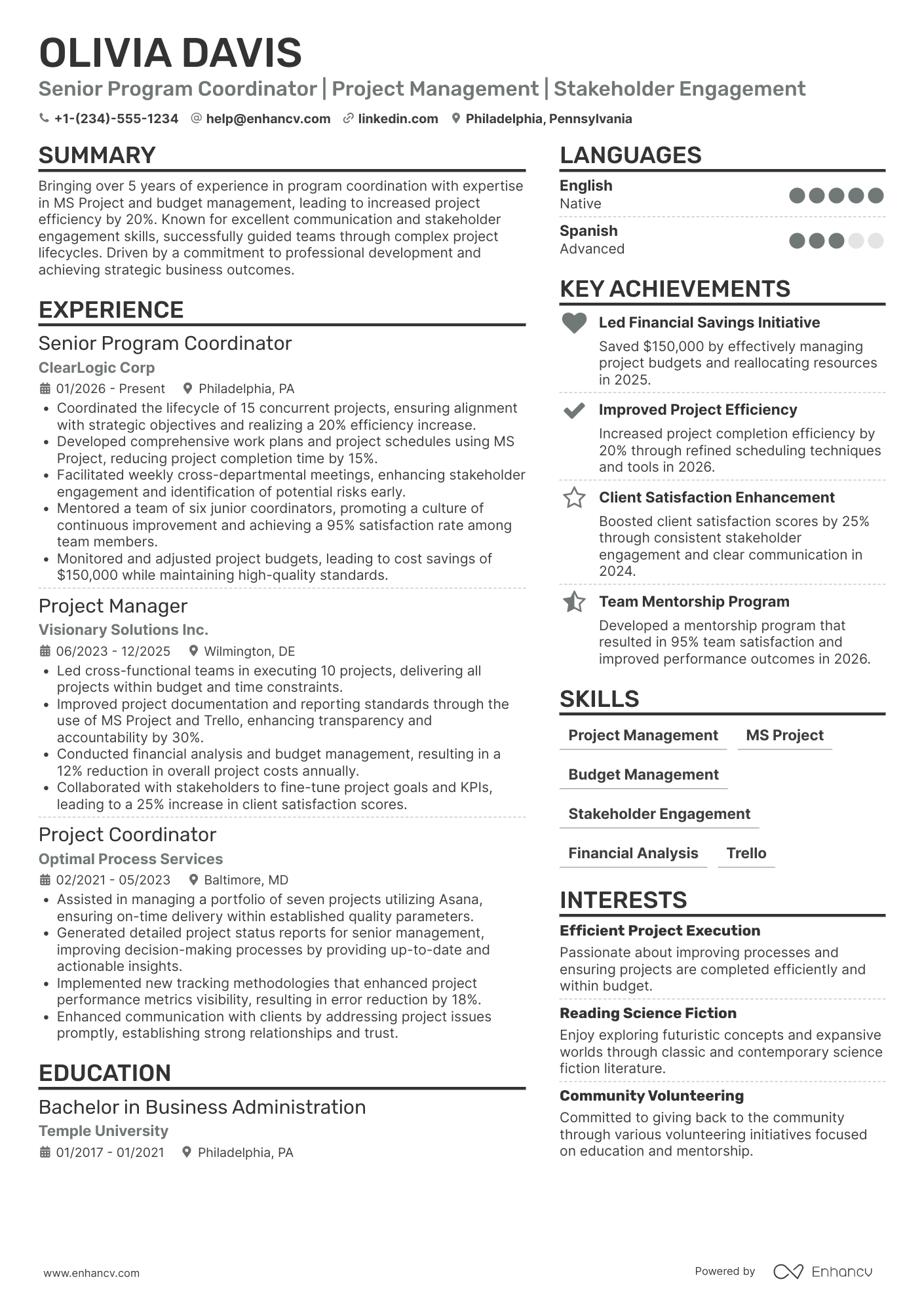 A resume example of a Senior Program Coordinator