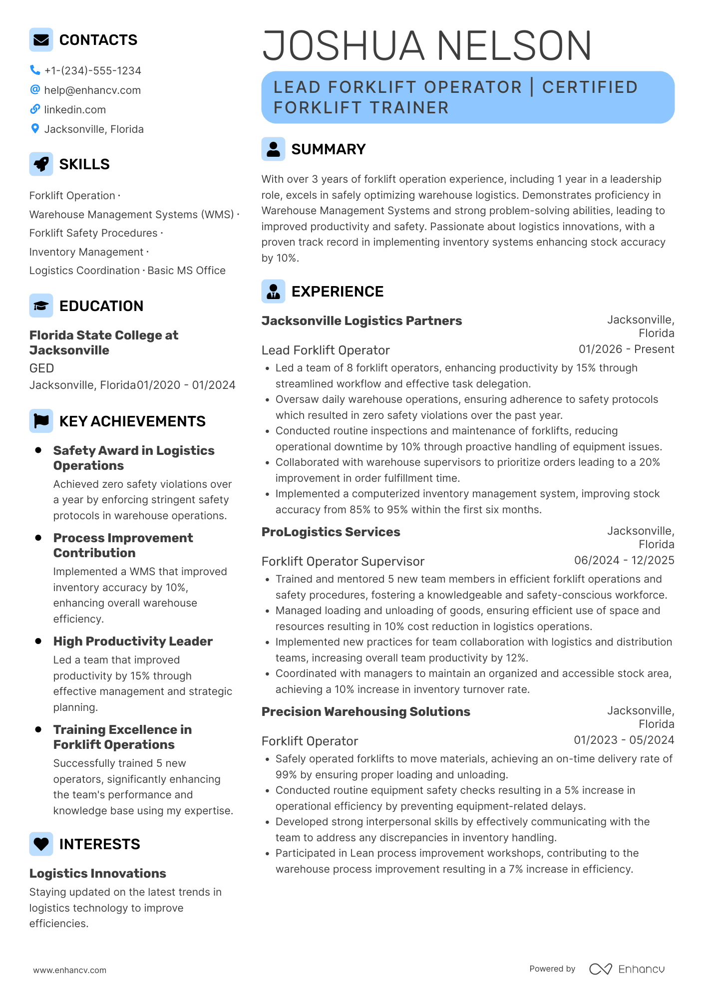 A resume example of a Lead Forklift Operator