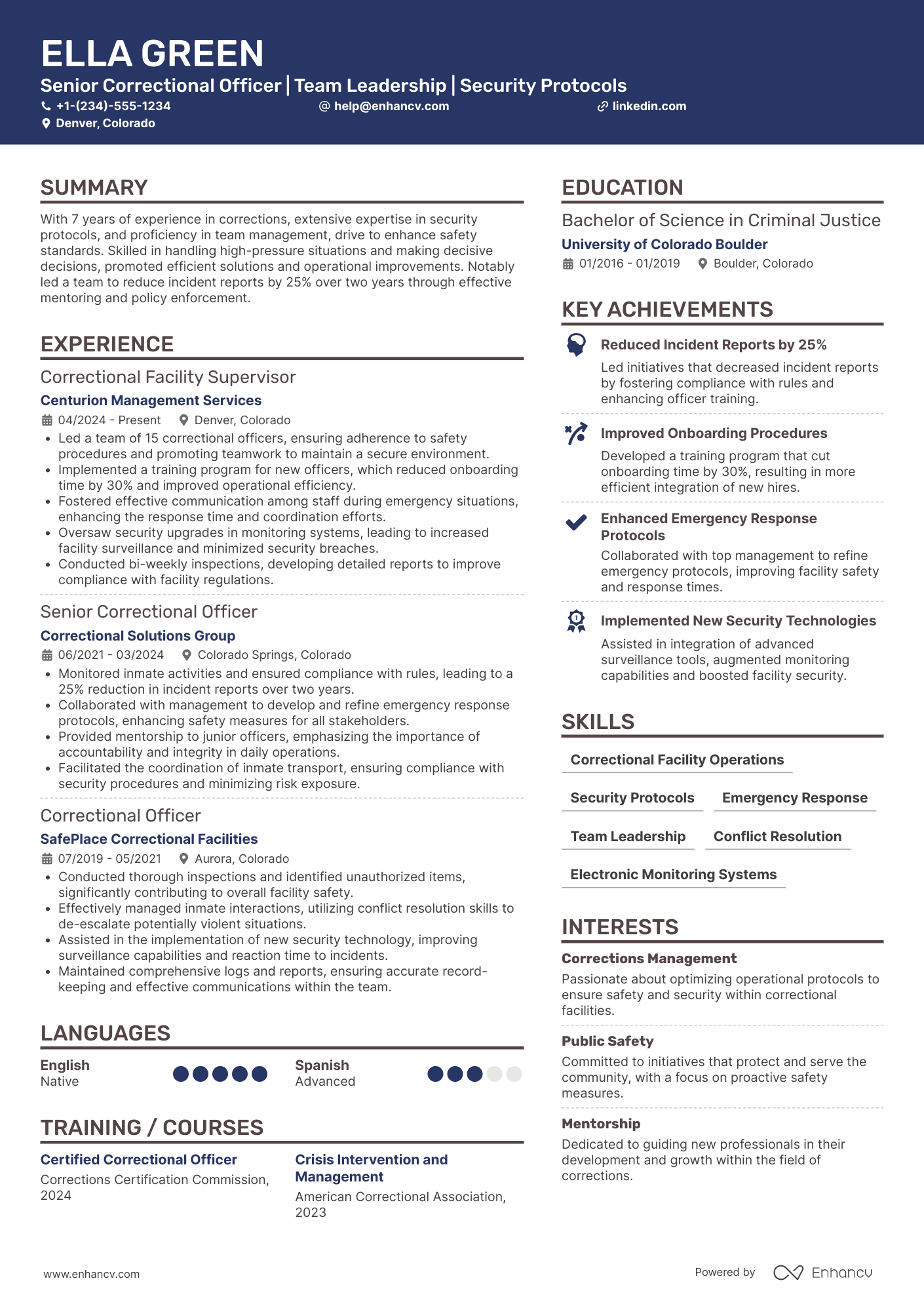 A resume example of a Senior Correctional Officer
