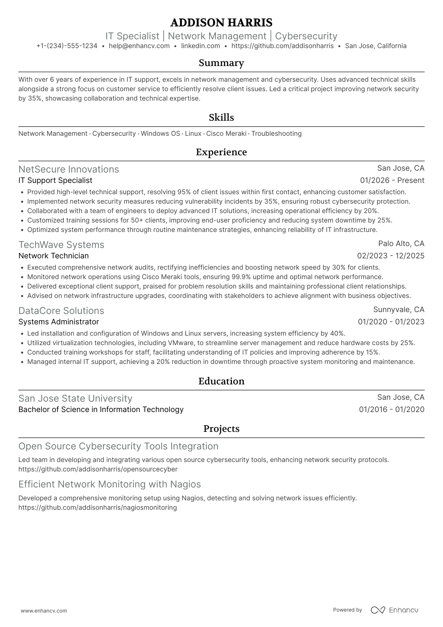 A resume example of a IT Technician