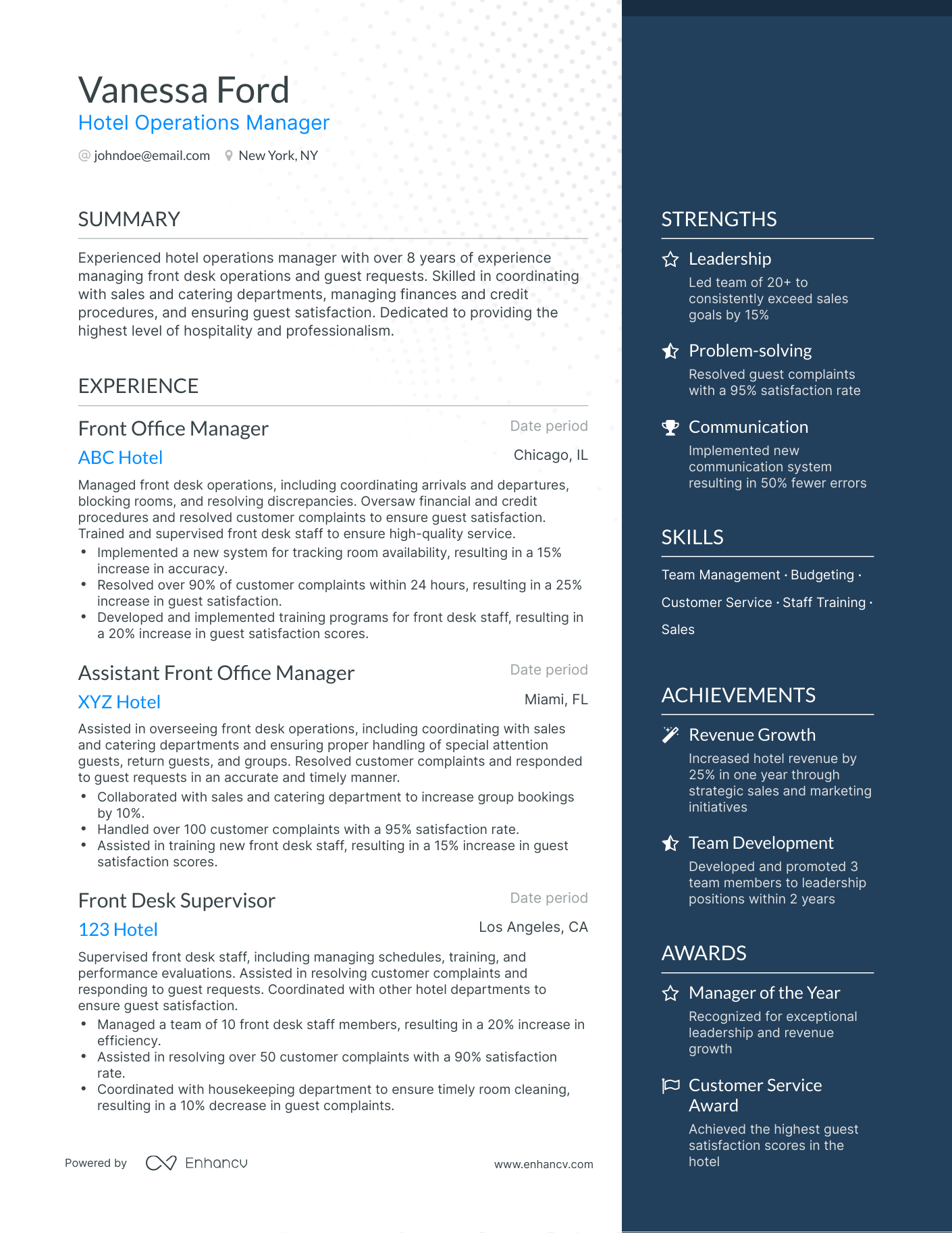 One Page Hotel Operations Manager Resume Template